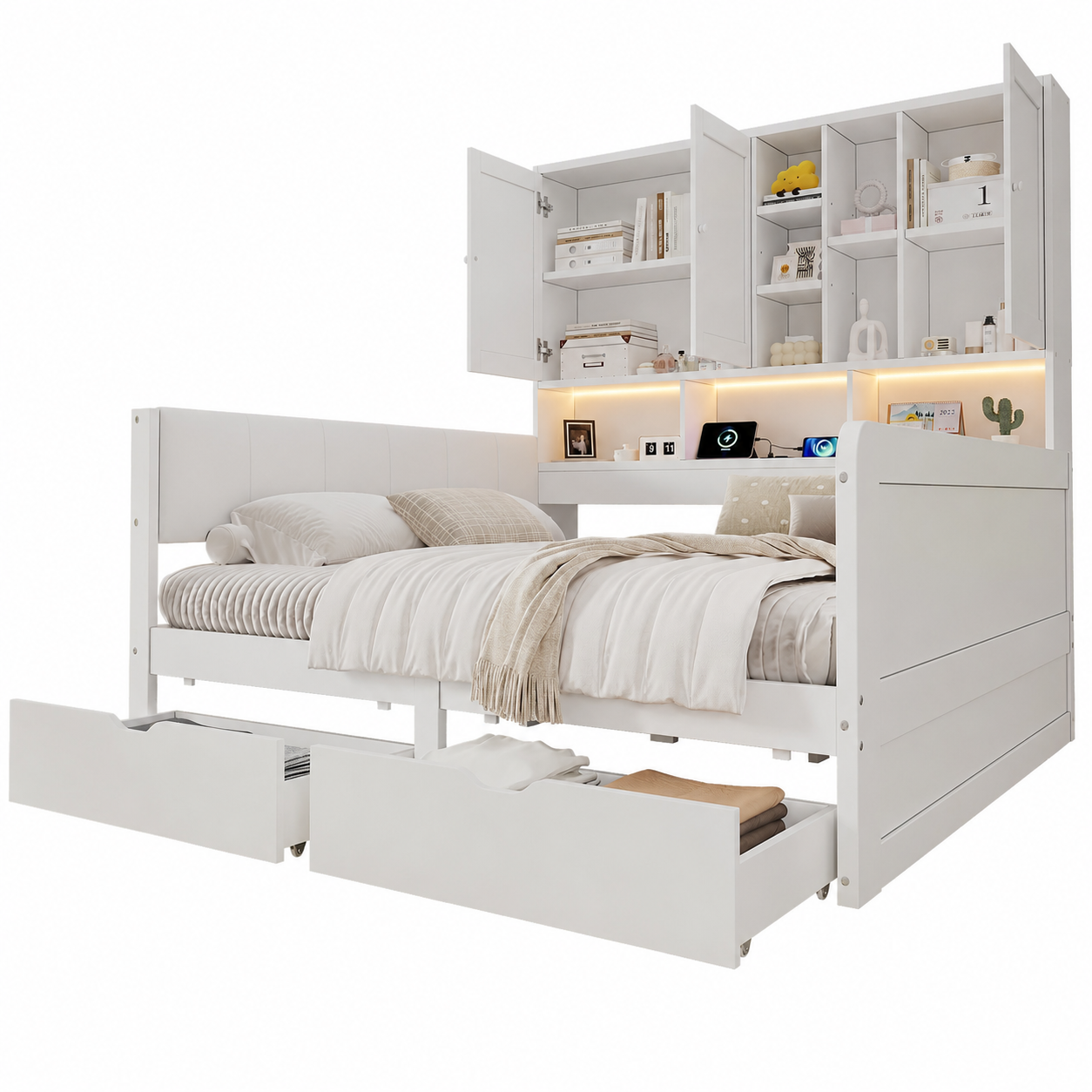 Lit gigogne 140 x 200 cm avec toboggan, LED, ports de charge, rangements, MDF, Blanc - fonctions