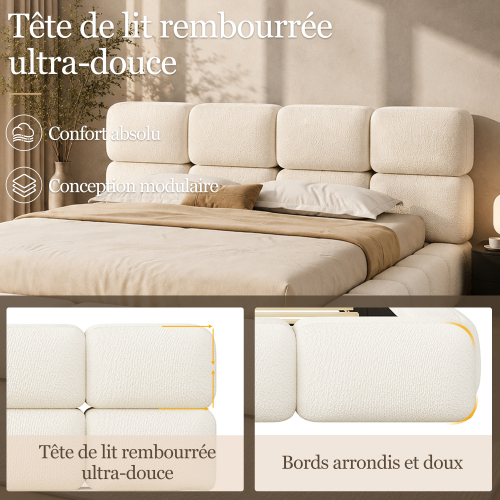 Lit rembourré effet nuage en bouclé blanc