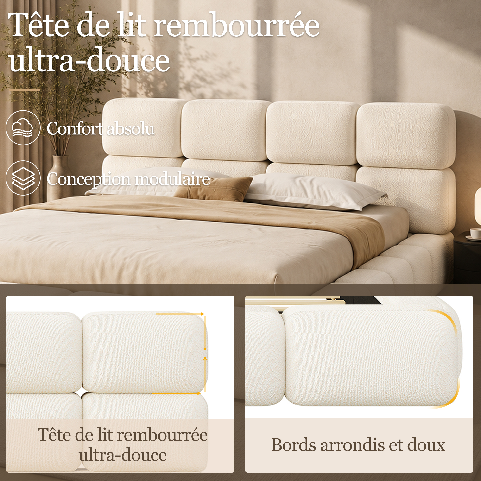 Lit coffre rembourré en bouclé 200 x 200 cm, rangement hydraulique, sommier à lattes, tête de lit épaisse, Blanc - vue principale