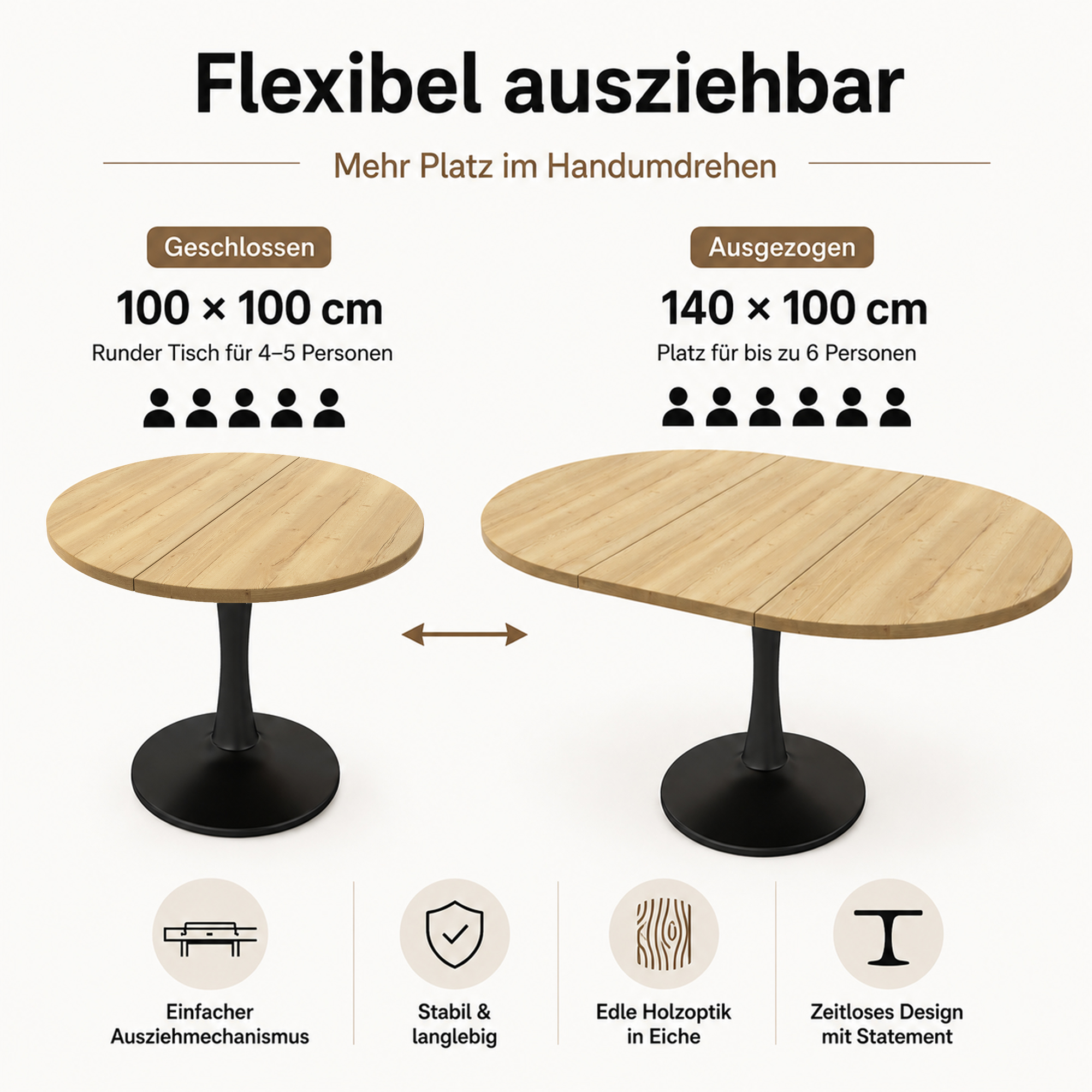 Table à manger extensible ovale 100–140 cm x 100 x 75 cm, MDF, Effet chêne - vue principale