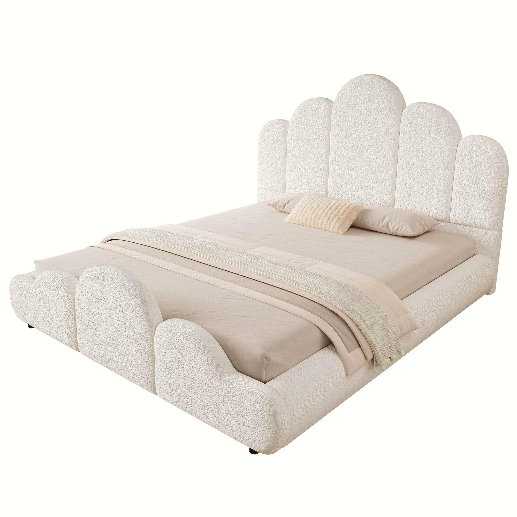 Détails de Lit rembourré en bouclé 140 x 200 cm avec angles arrondis et sommier à lattes, Beige, sans matelas