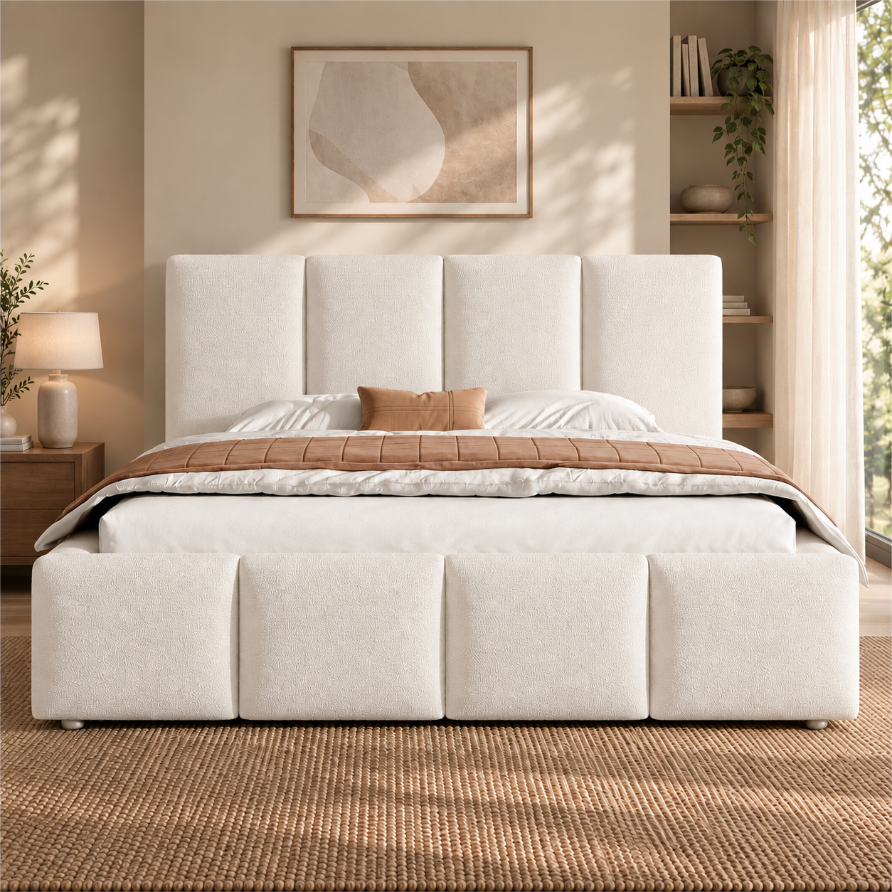 Lit coffre 160x200 cm blanc en bouclé avec rangement hydraulique LED et tête de lit rembourrée