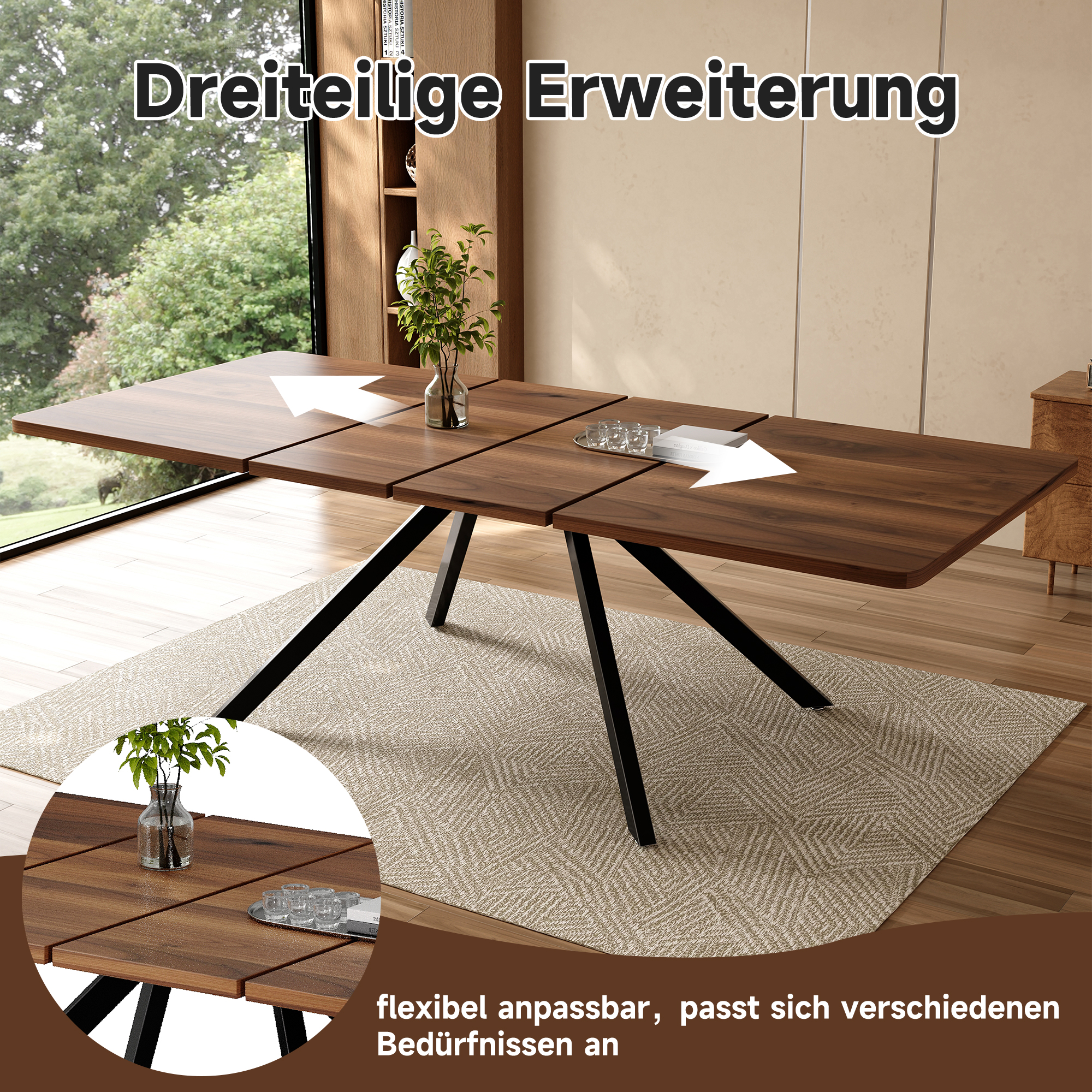 Table à manger extensible, 240 x 90 x 74,5 cm, métal et bois, noyer - vue 8