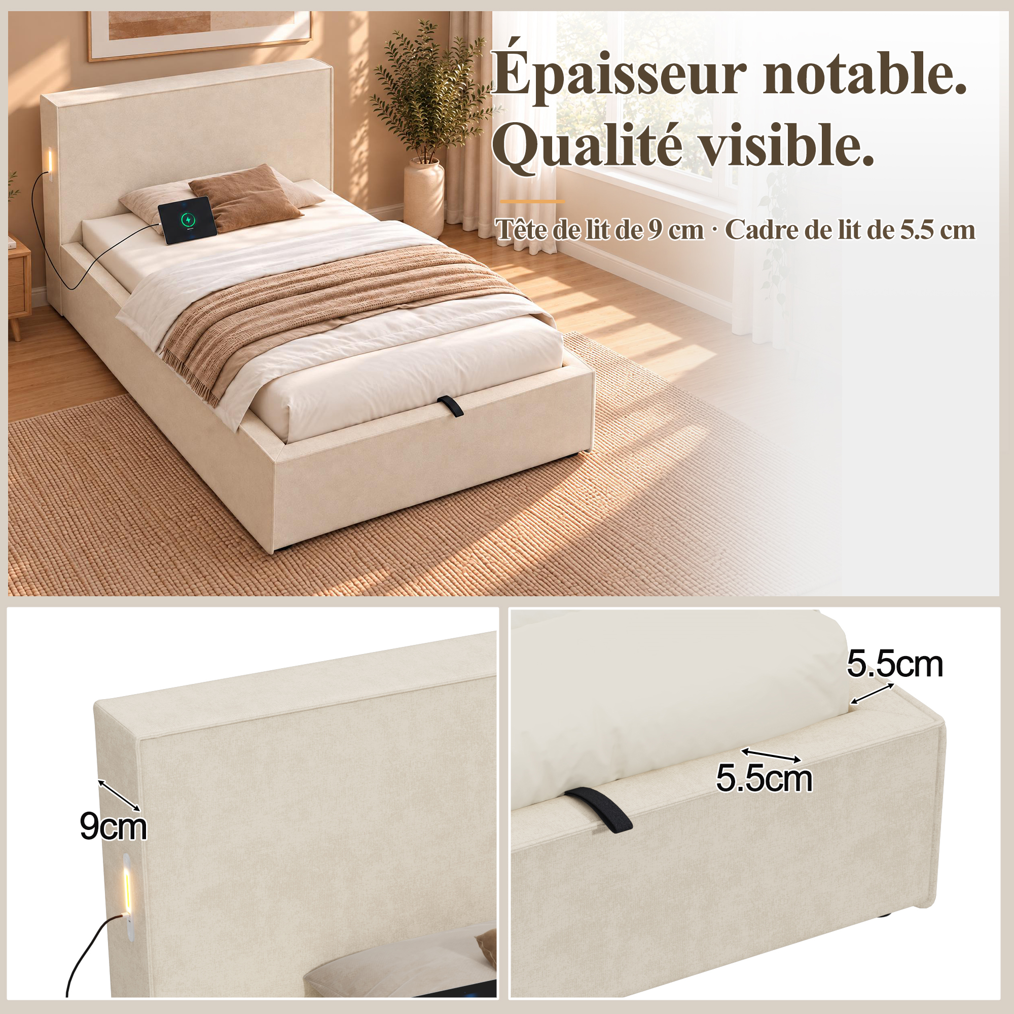 Lit enfant 90cm x 200cm rangement hydraulique, en chenille, beige, sommier à lattes inclus, pour chambre enfant, sans matelas