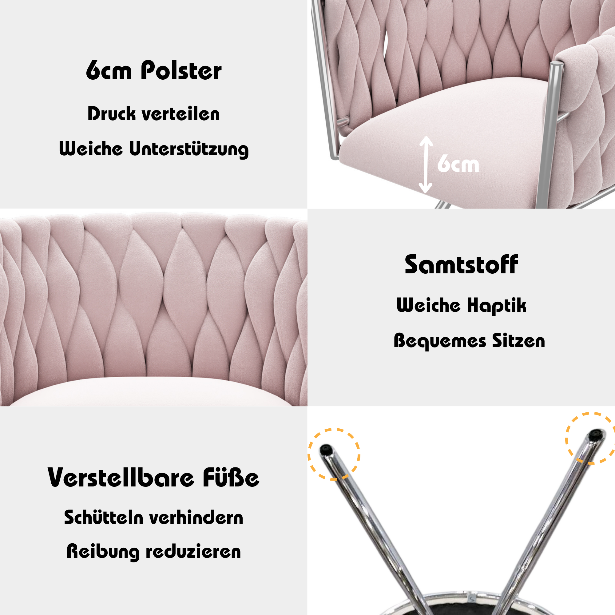 Chaise de salle à manger, 1 pièce, métal et velours, rose - vue 5