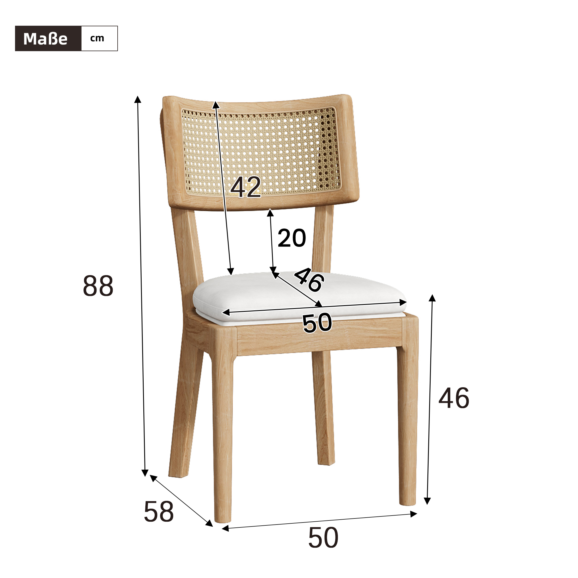 Chaise de salle à manger, lot de 6, détails en rotin, 50 x 58 x 88 cm, bois massif et rotin, bois naturel - vue 6