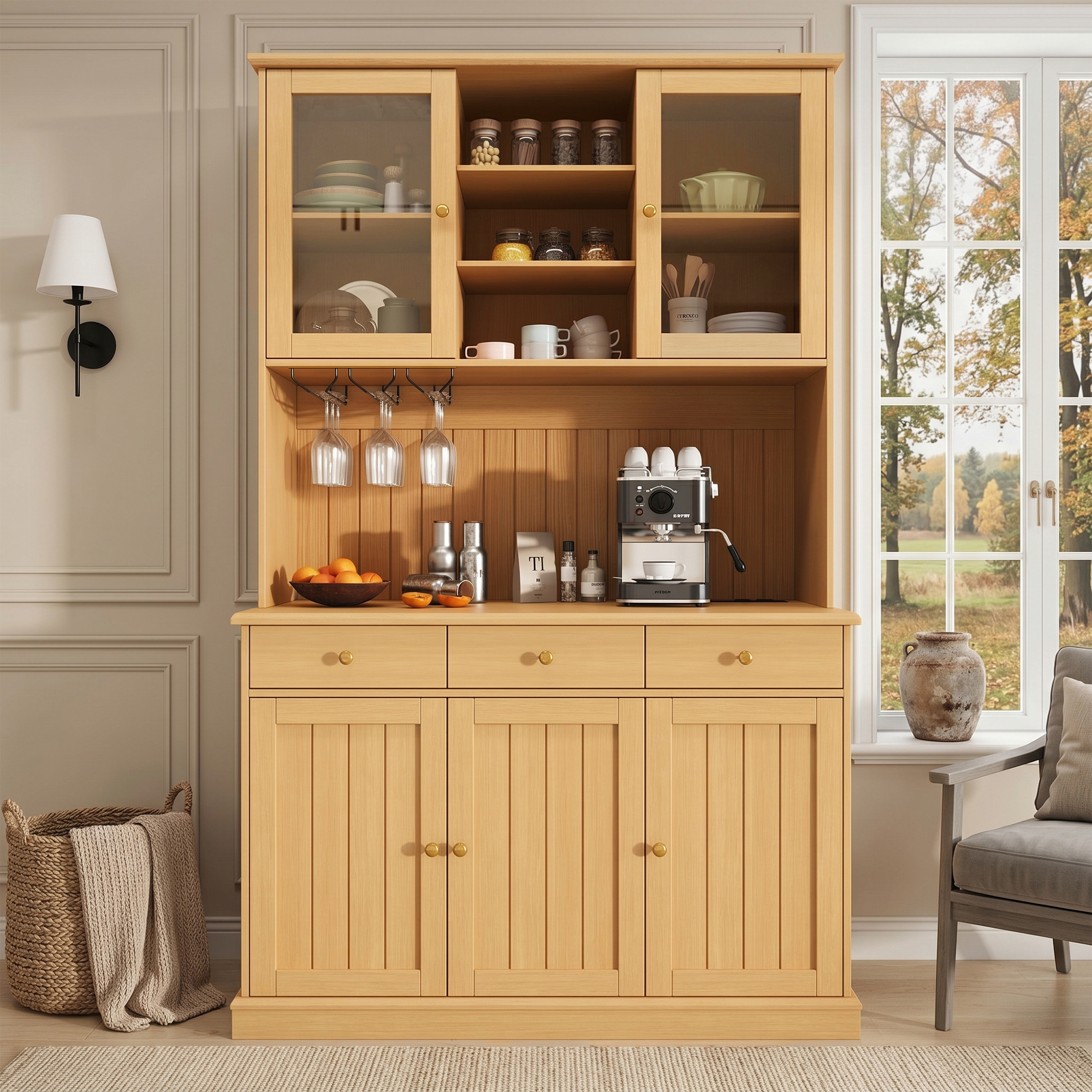 Buffet, ports USB, prises et recharge intégrées, éléments en verre, 120 x 40 x 191 cm, panneaux de particules et verre, bois naturel - vue 6