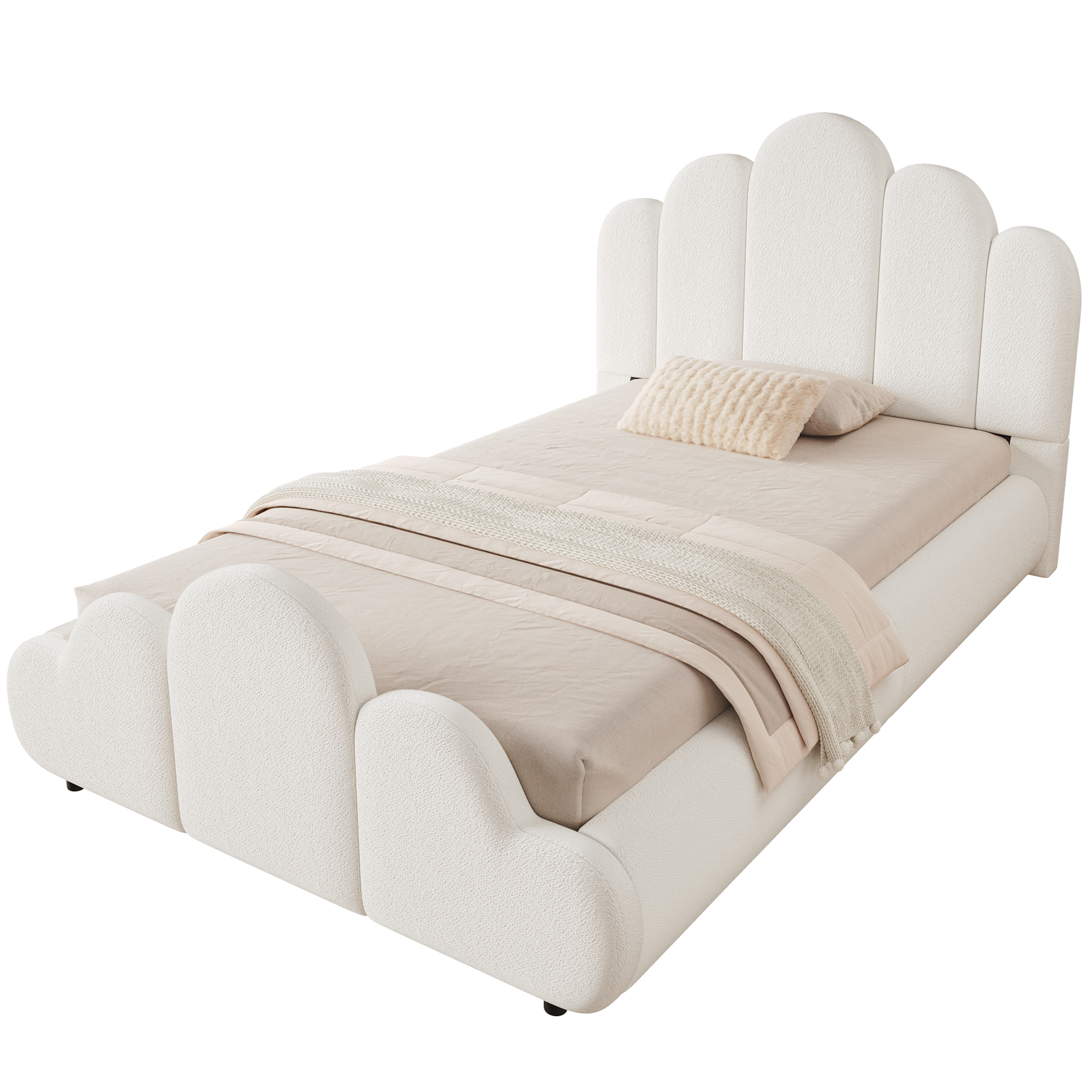 Détails de Lit rembourré en bouclé 90 x 200 cm avec angles arrondis et sommier à lattes, Beige, sans matelas