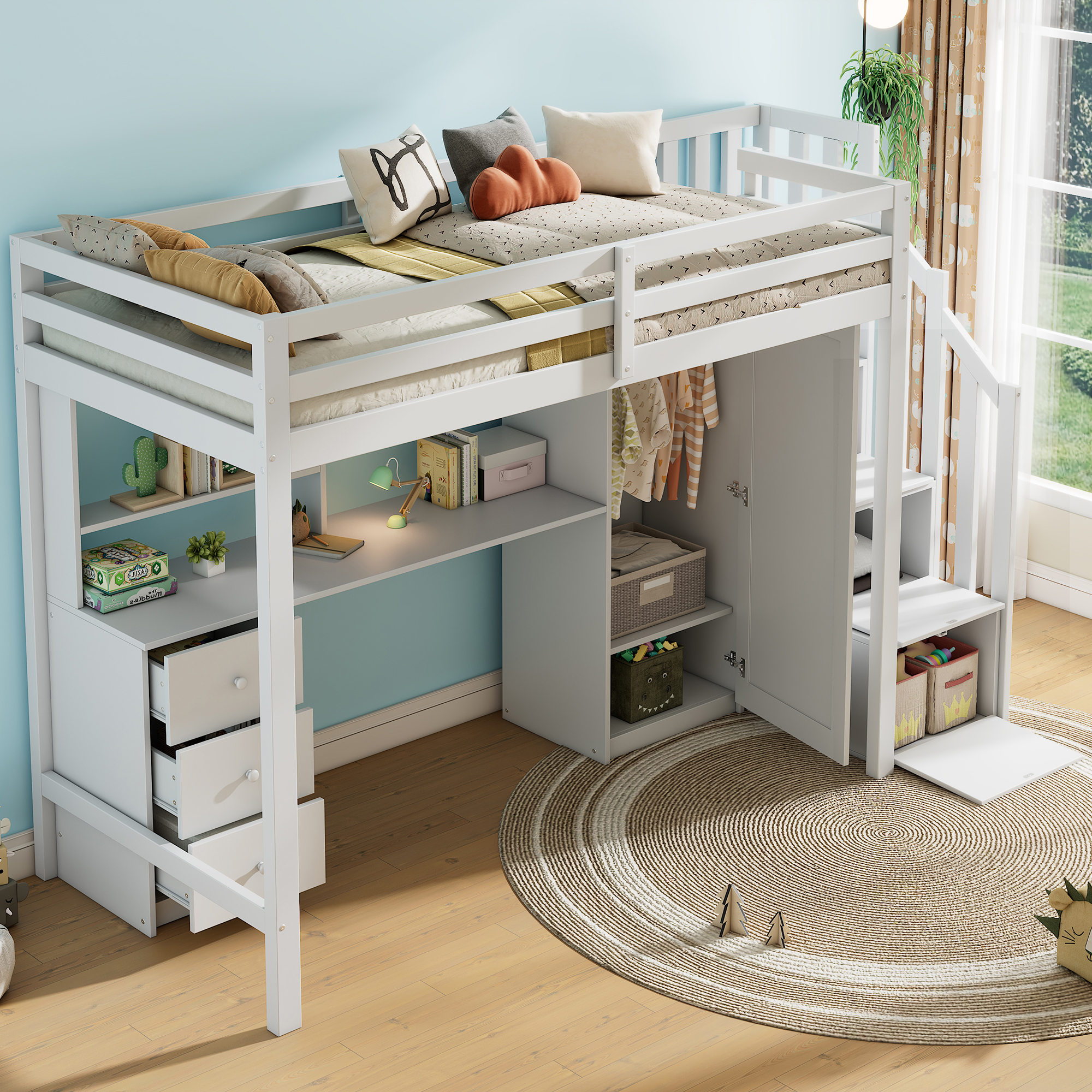 Etagenbett mit Schreibtisch und Kleiderschrank, Tr