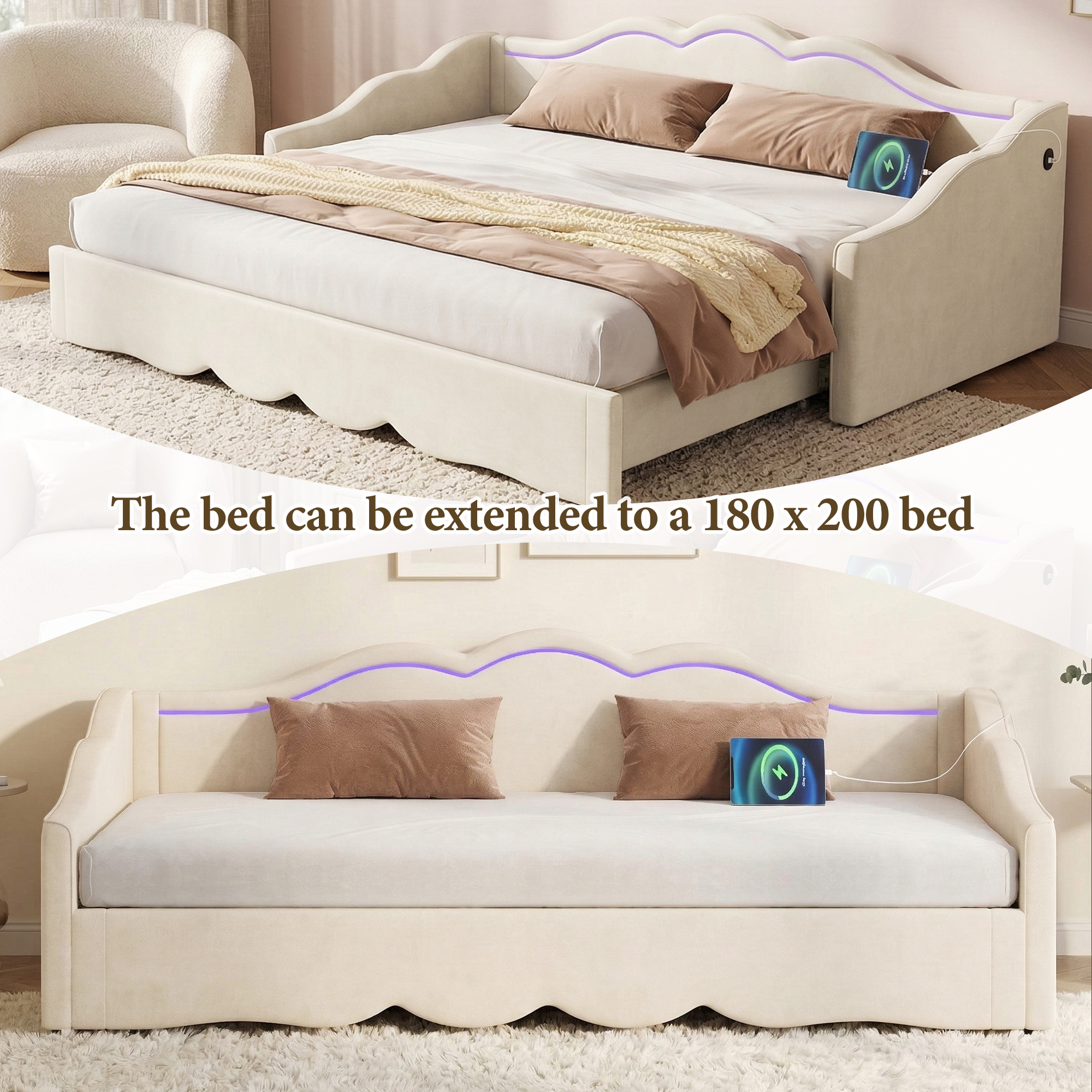Éclairage LED doux intégré sur les côtés du lit