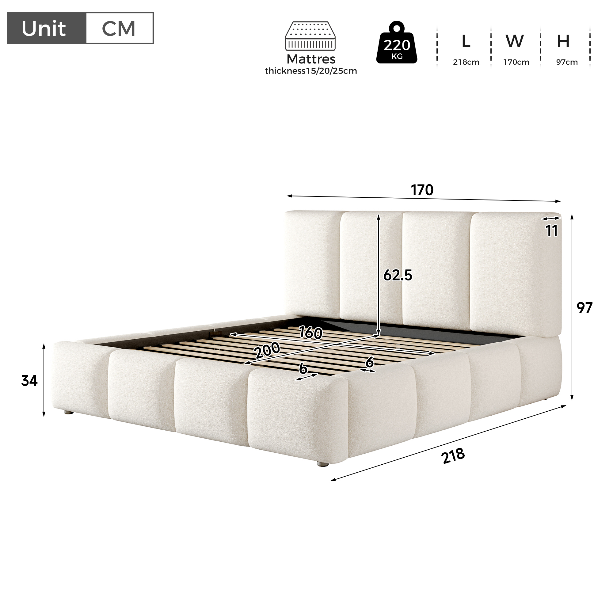 Fonctions de lit coffre 160x200 cm blanc en bouclé avec rangement hydraulique LED et tête de lit rembourrée