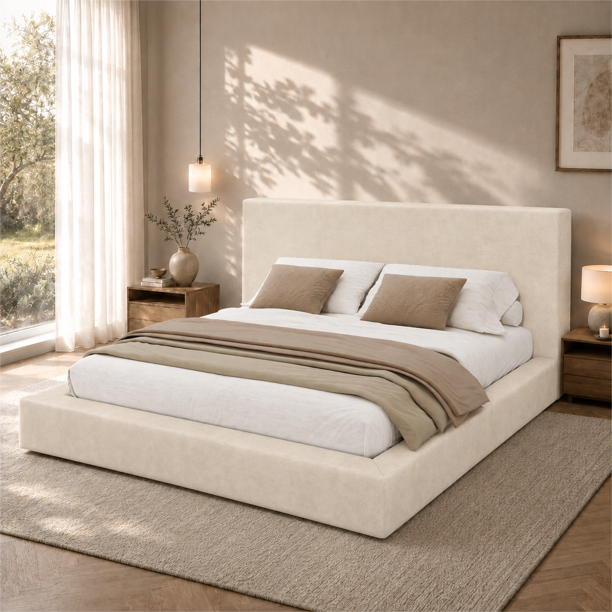 Lit rembourré, tête de lit, 180 x 200 cm, chenille, beige - vue 1