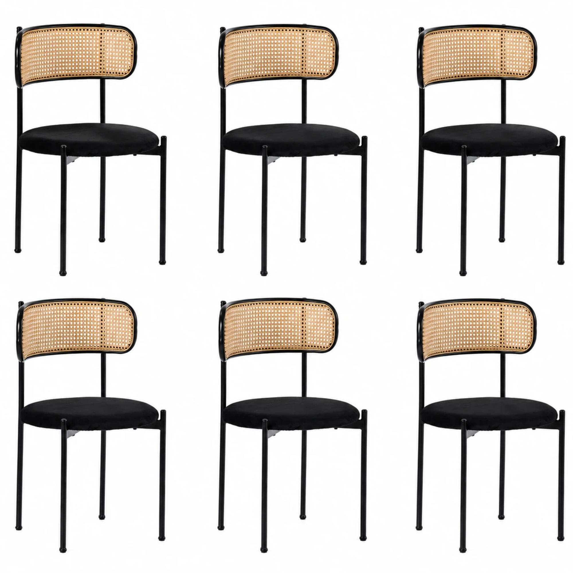 Chaise de salle à manger, lot de 6, détails en rotin, métal, noir - vue 4