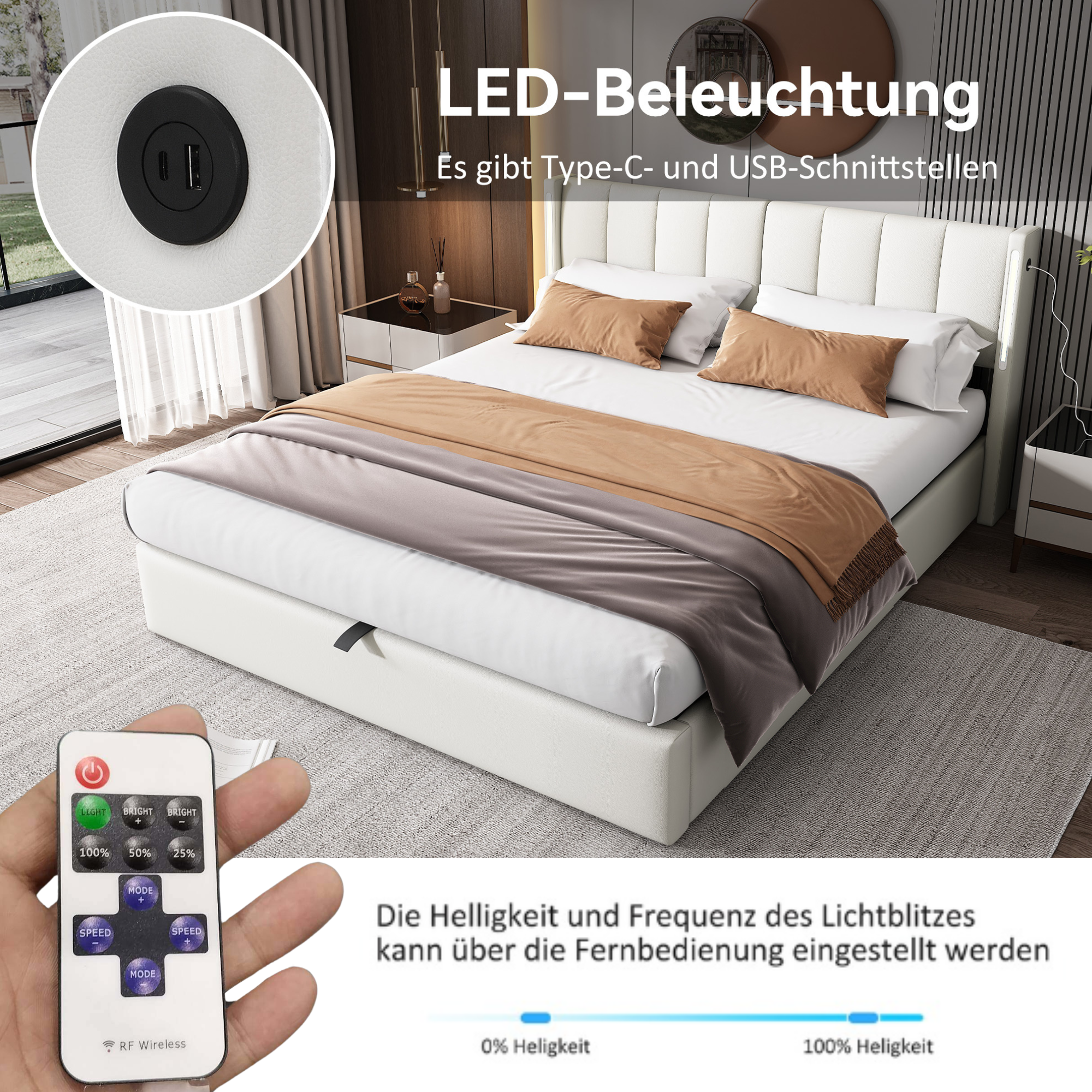 Lit rembourré, éclairage LED, ports USB, tête de lit, 160 x 200 cm, blanc - vue 6