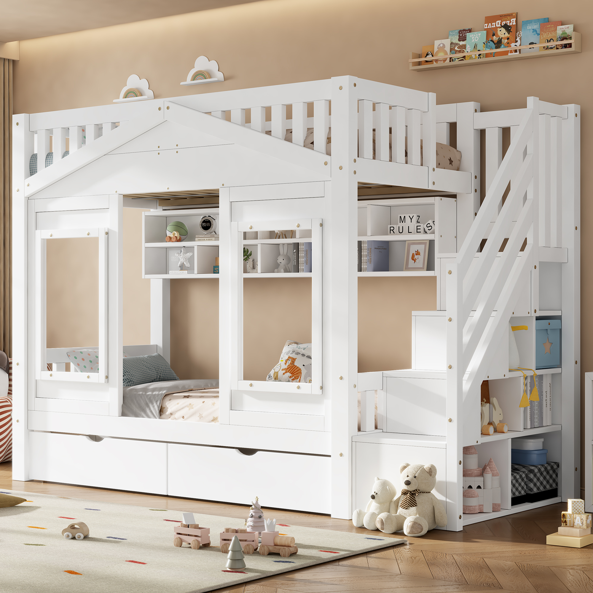 Lit superposé 90 x 200 cm, escalier de rangement, 1 tiroir, design cabane, garde-corps, bois massif et MDF, blanc, 254 x 97 x 170 cm 🏠 - présentation 1