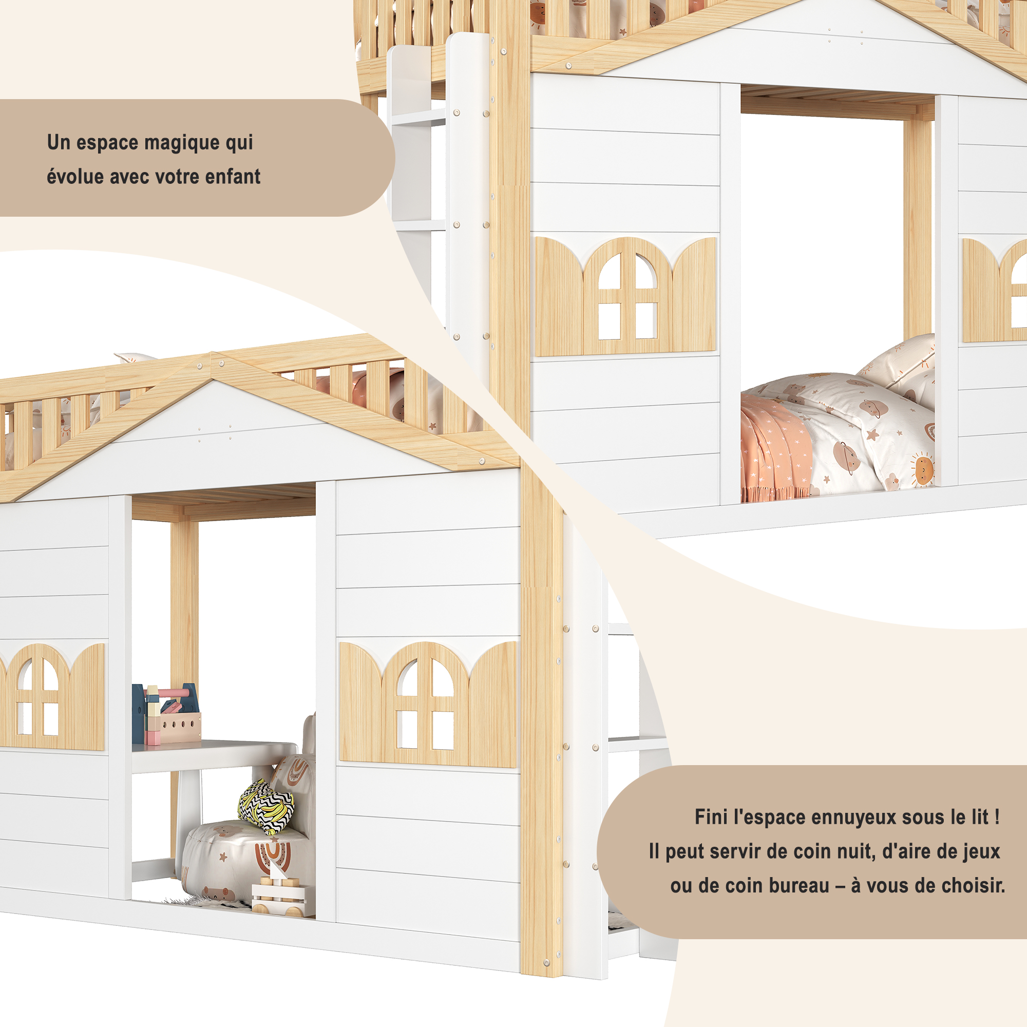 Lit superposé enfant avec espace inférieur modulable