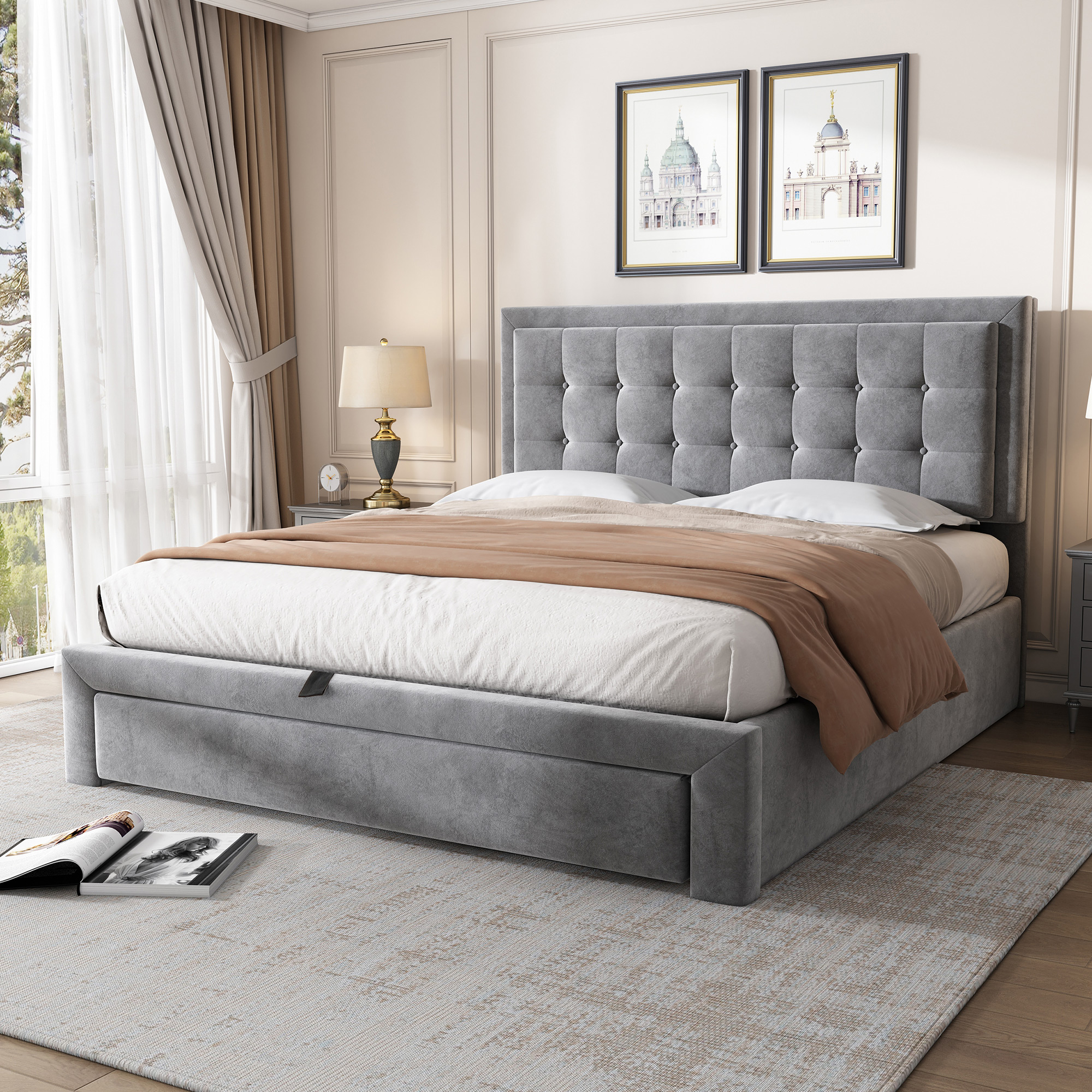 Bett mit Kasten und Schubladen, Samtstoff, Polster