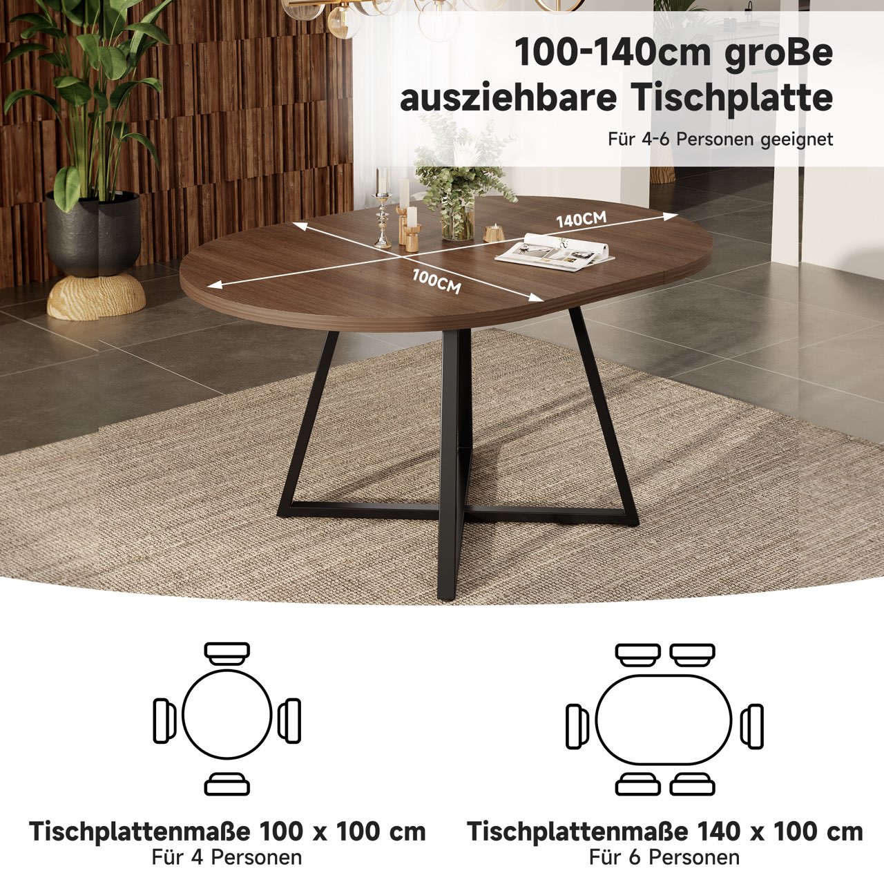 Table à manger extensible ronde 100–140 cm x 100 x 75 cm pour 4 à 6 personnes, MDF, Effet noyer - dimensions et détails
