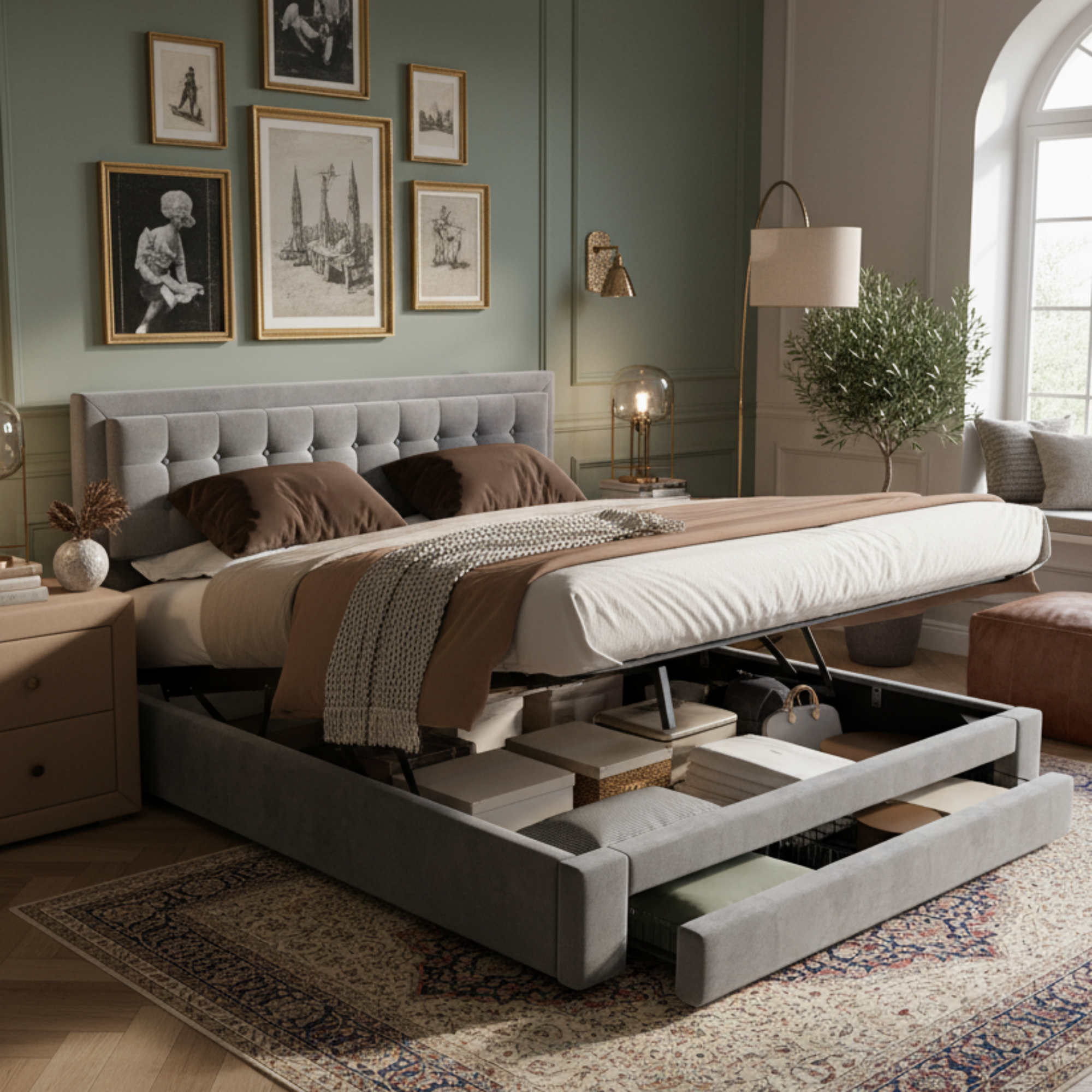 Bett mit Kasten und Schubladen, Samtstoff, Polster