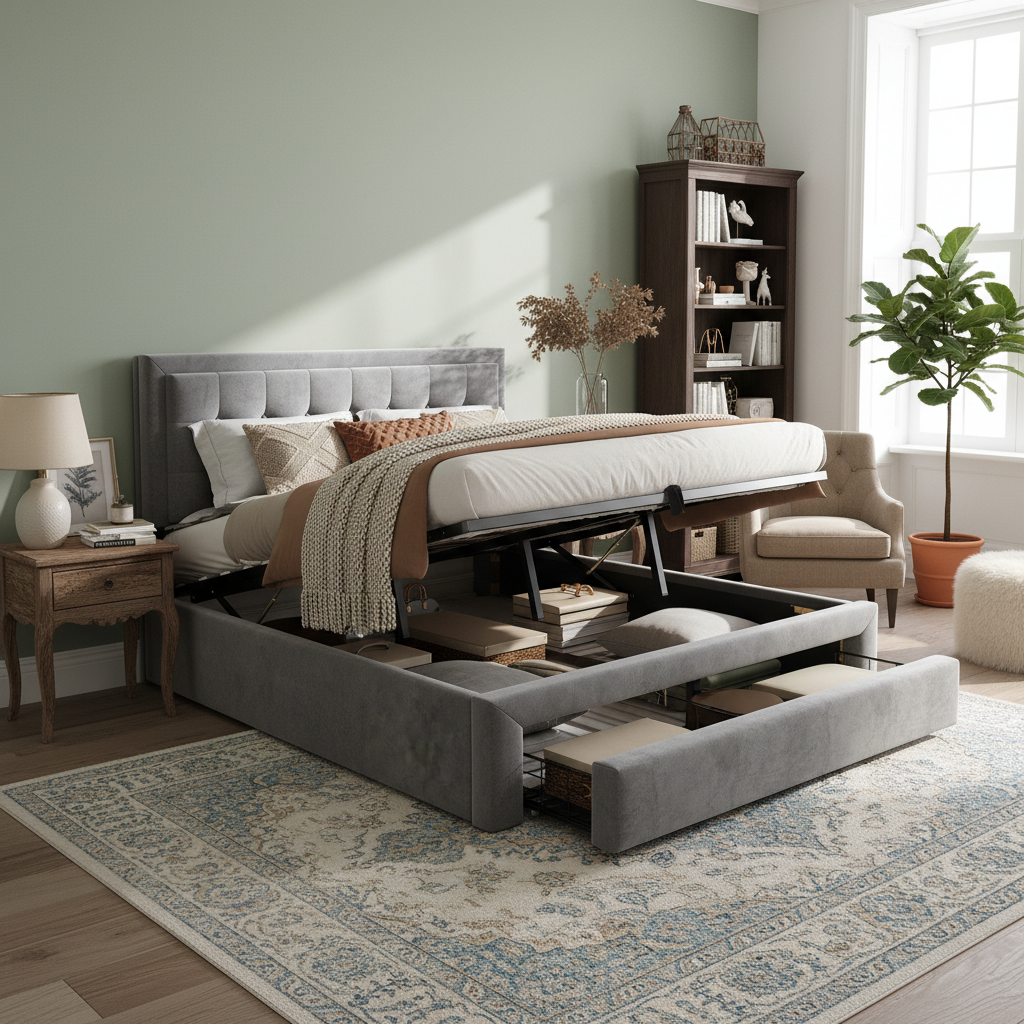 Bett mit Kasten und Schubladen, Samtstoff, Polster