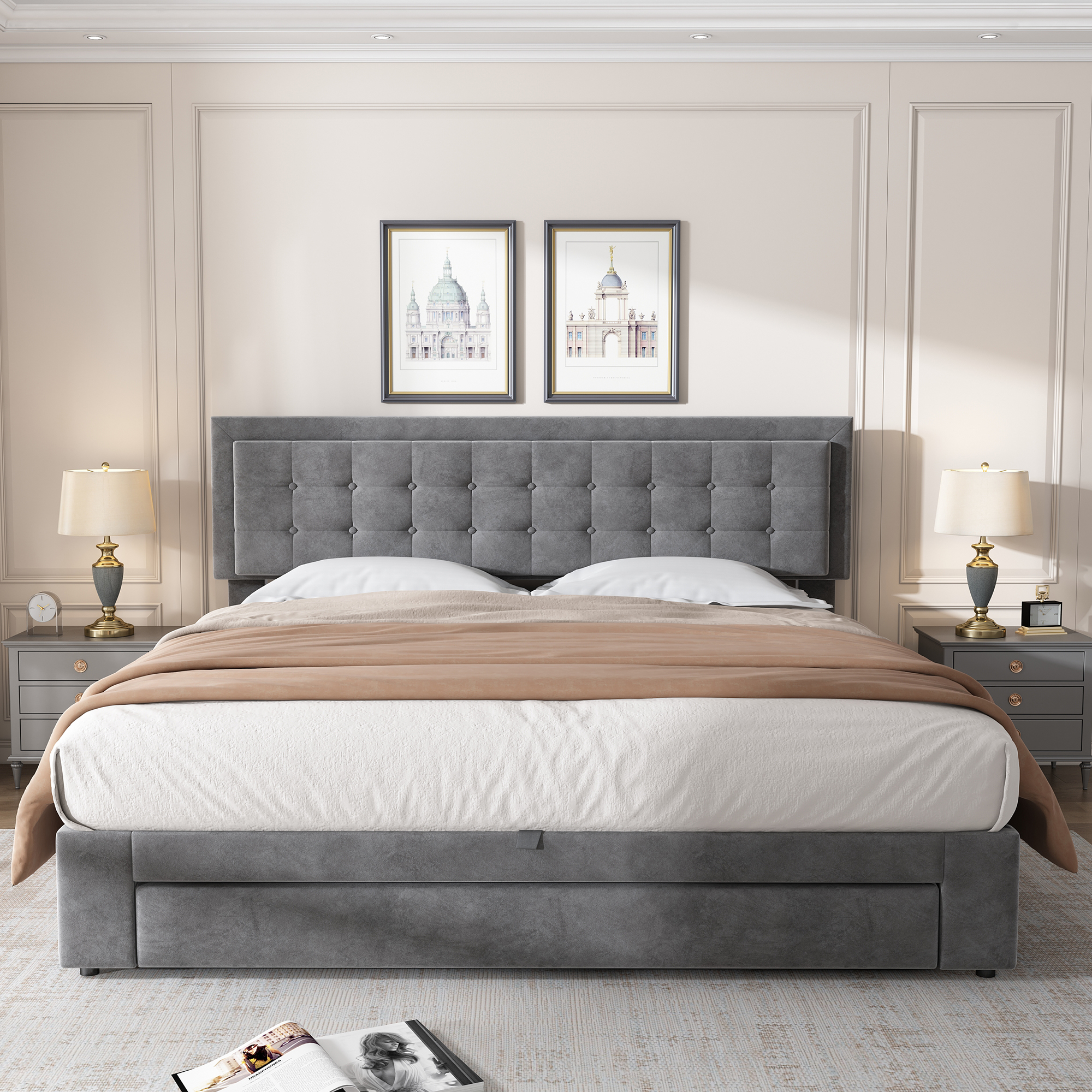 Bett mit Kasten und Schubladen, Samtstoff, Polster
