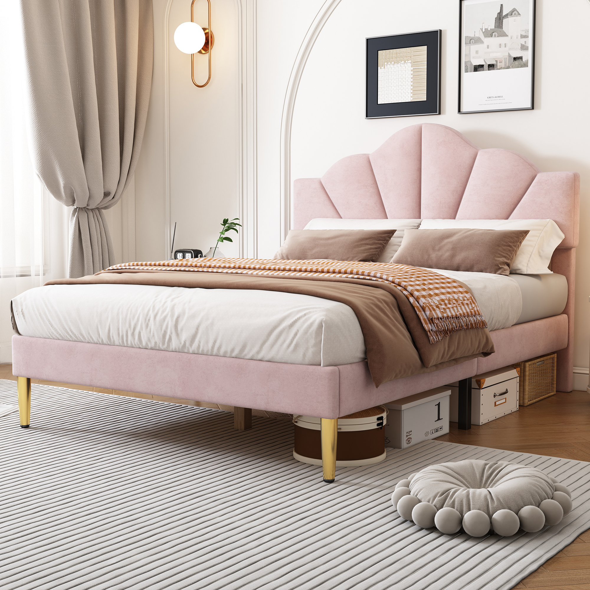 Lit, assise rembourrée, tête de lit, 140 x 190 cm, velours, rose - vue 5