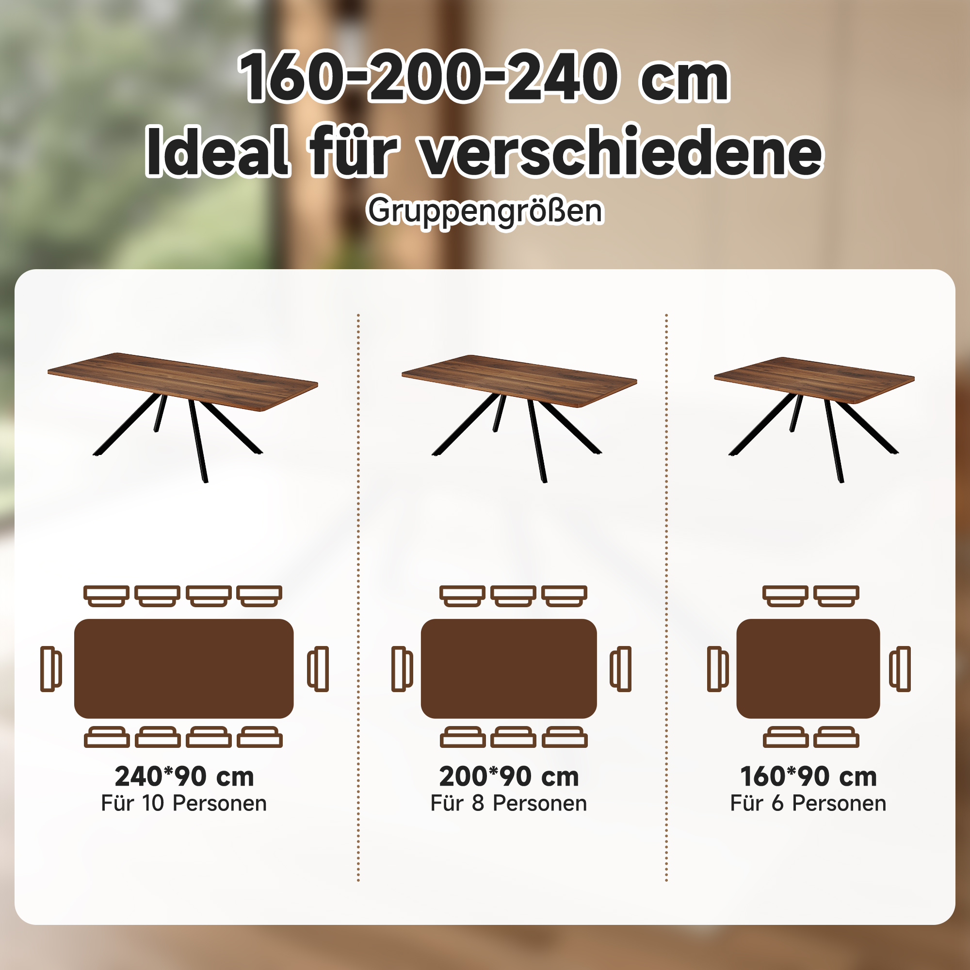 Table à manger extensible 160–200–240 cm x 90 x 74,5 cm pour 6 à 10 personnes, MDF, Effet noyer - dimensions et détails