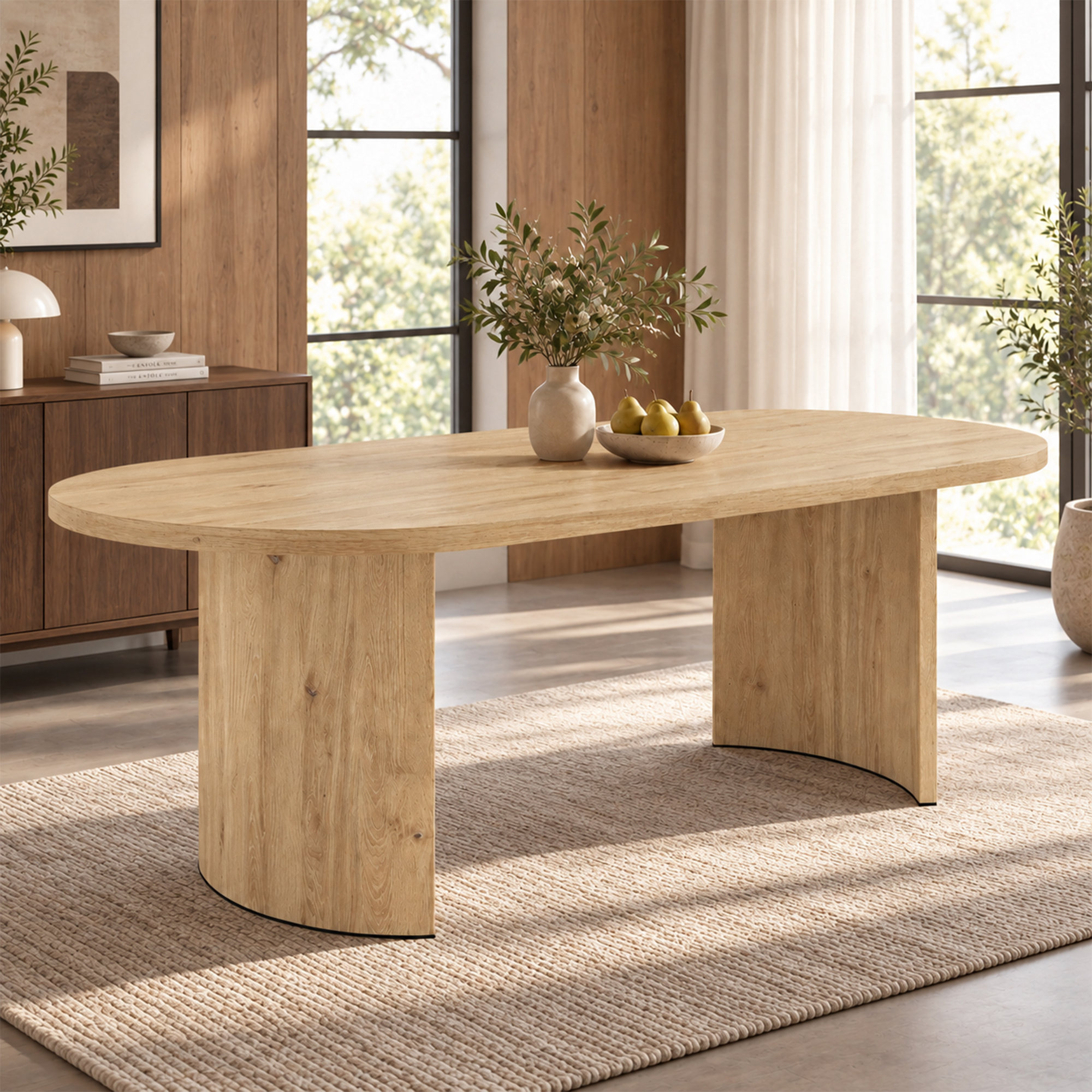 Table effet chêne avec plateau aux extrémités arrondies