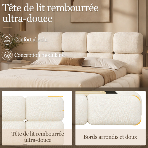 Design arrondi du lit rembourré bouclé blanc