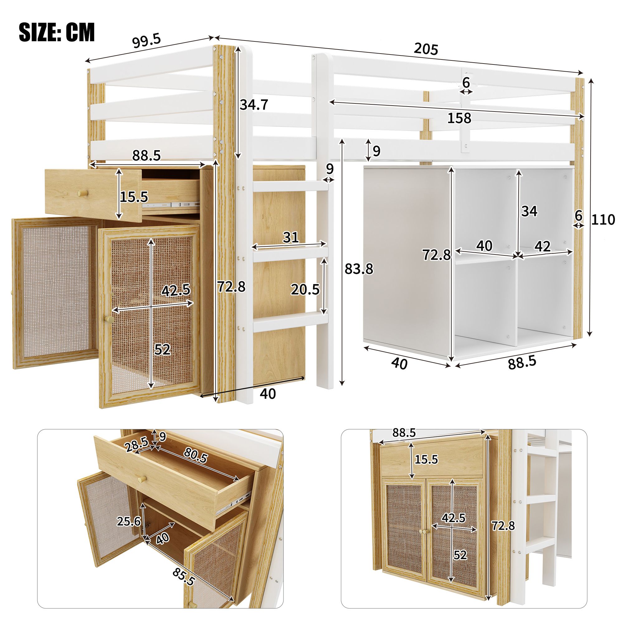 Dimensions lit mezzanine 90x200cm