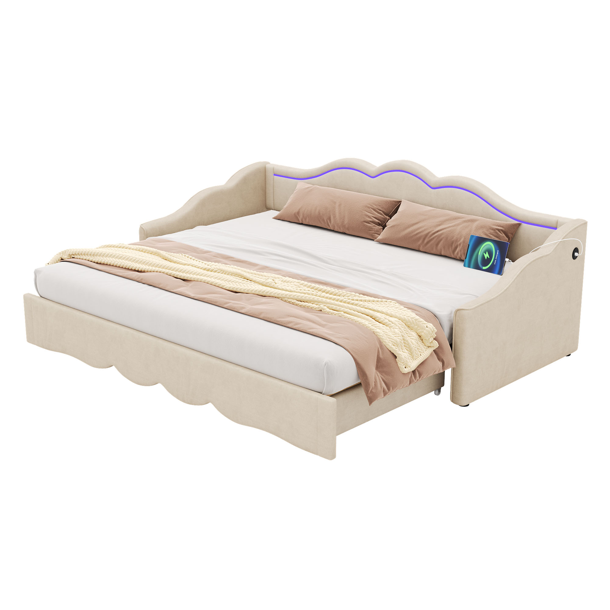 Lit jour design beige velours moderne