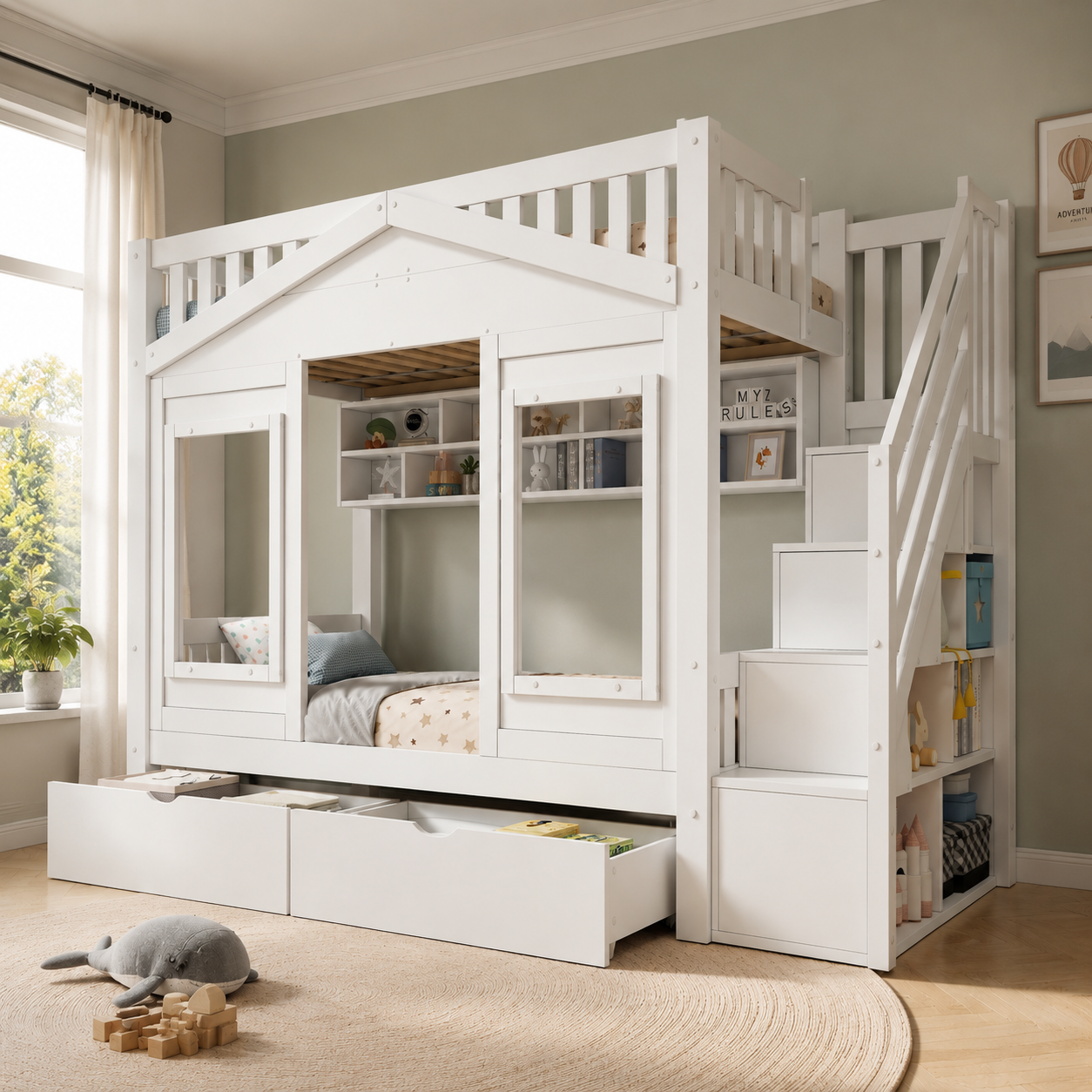 Lit superposé 90 x 200 cm, escalier de rangement, 1 tiroir, design cabane, garde-corps, bois massif et MDF, blanc, 254 x 97 x 170 cm 🏠 - vue principale 1
