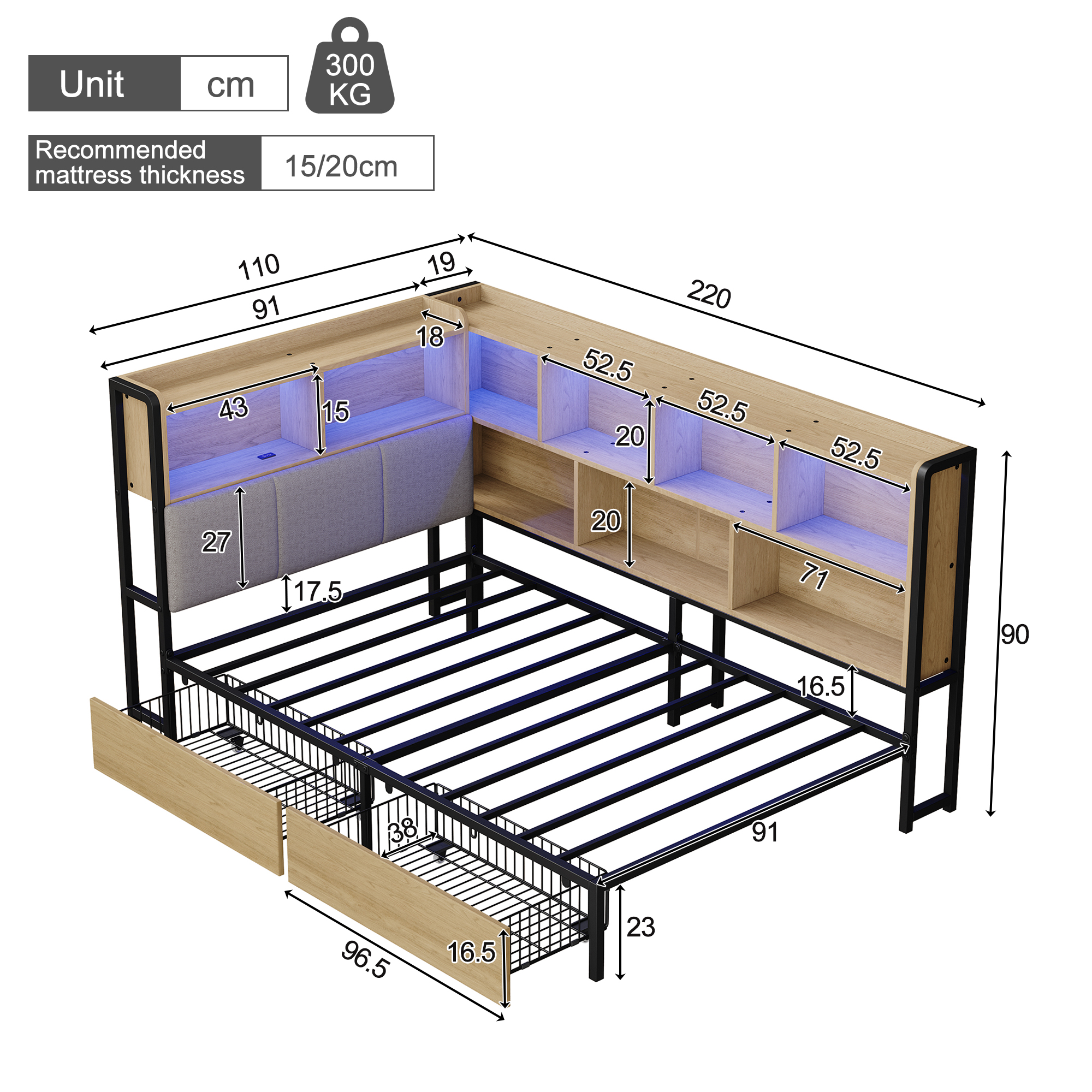 Dimensions lit jour 90x200 naturel