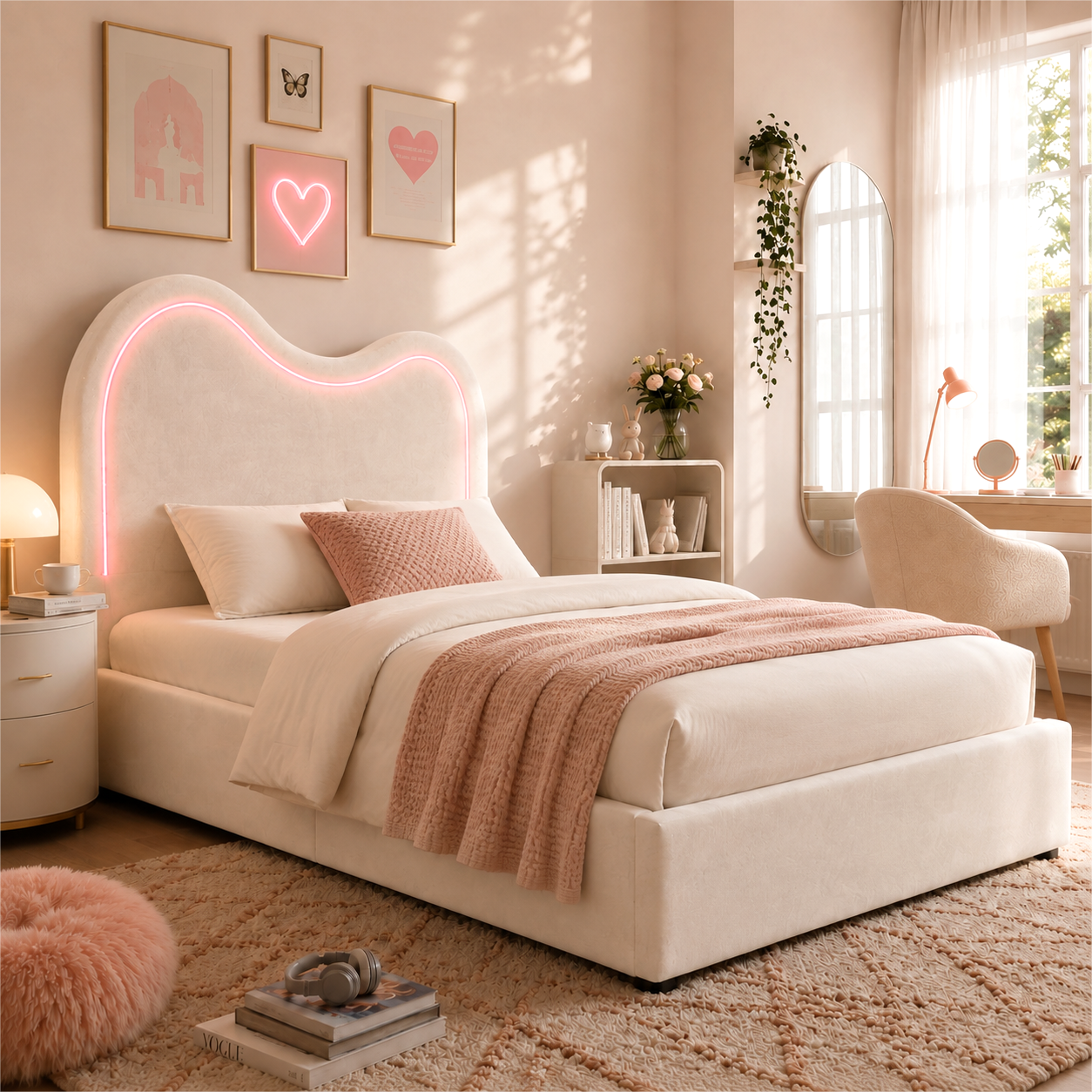 Lit enfant, assise rembourrée, tête de lit, 90 x 200 cm, velours, beige - vue 2