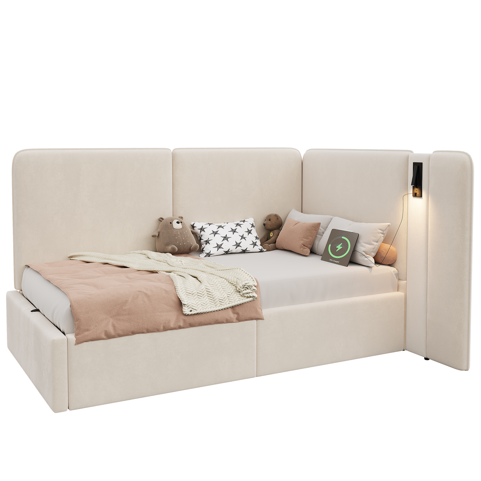 Lit jour design beige velours moderne