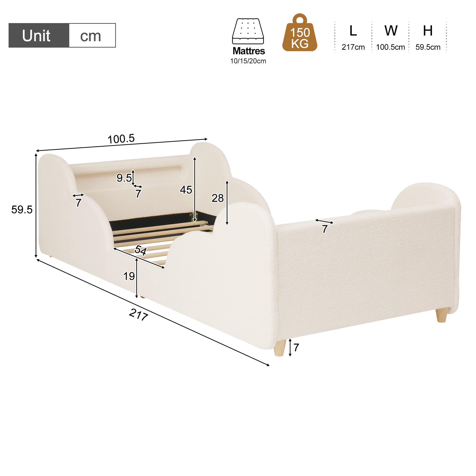 Dimensions lit enfant 217x100.5x59.5 cm