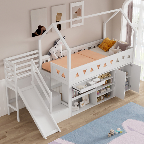 Lit mezzanine enfant avec escalier et toboggan