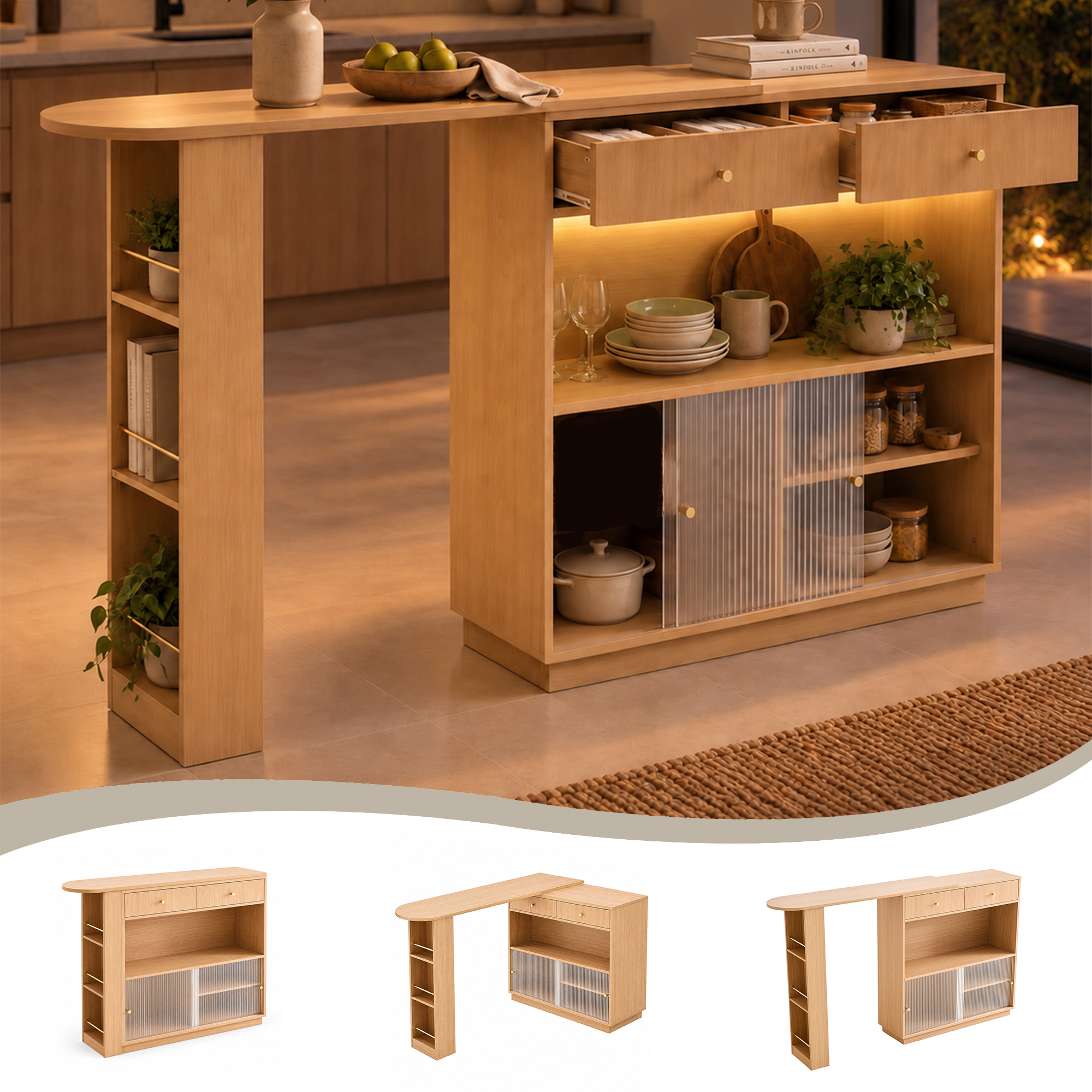 Îlot de cuisine, rotation à 360°, éclairage LED, 120 x 30 x 100 cm, panneaux de particules, chêne - vue 1
