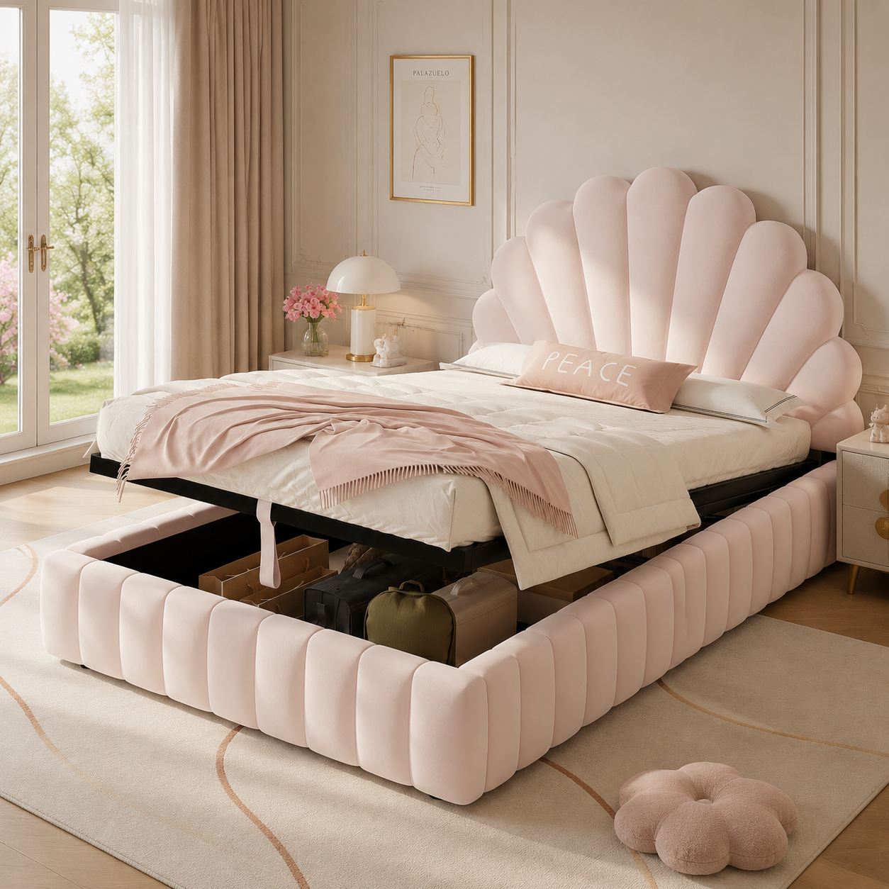 Lit rembourré 90 x 200 cm, rangement hydraulique, velours, rose, 211,5 x 100 x 95,5 cm - vue principale 1