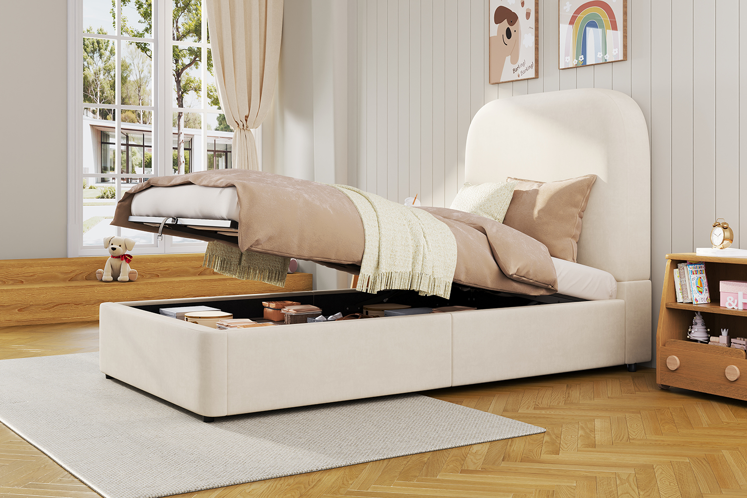 Lit enfant rembourré Beige 90 x 200 cm avec rangement hydraulique et tête de lit épaisse