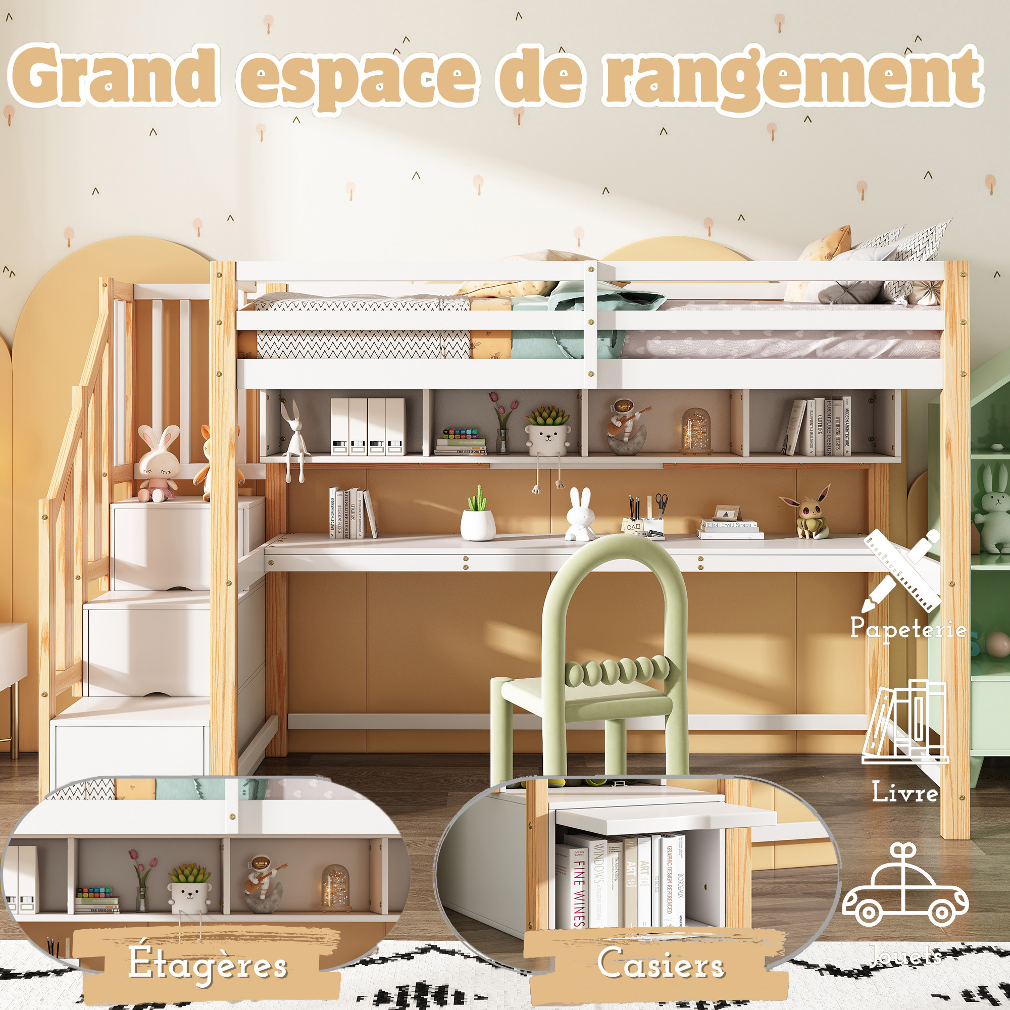 Lit enfant, 252 x 95 x 165 cm, bois massif, blanc - vue 2