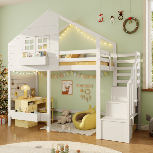 Rangements dans l’escalier du lit cabane enfant