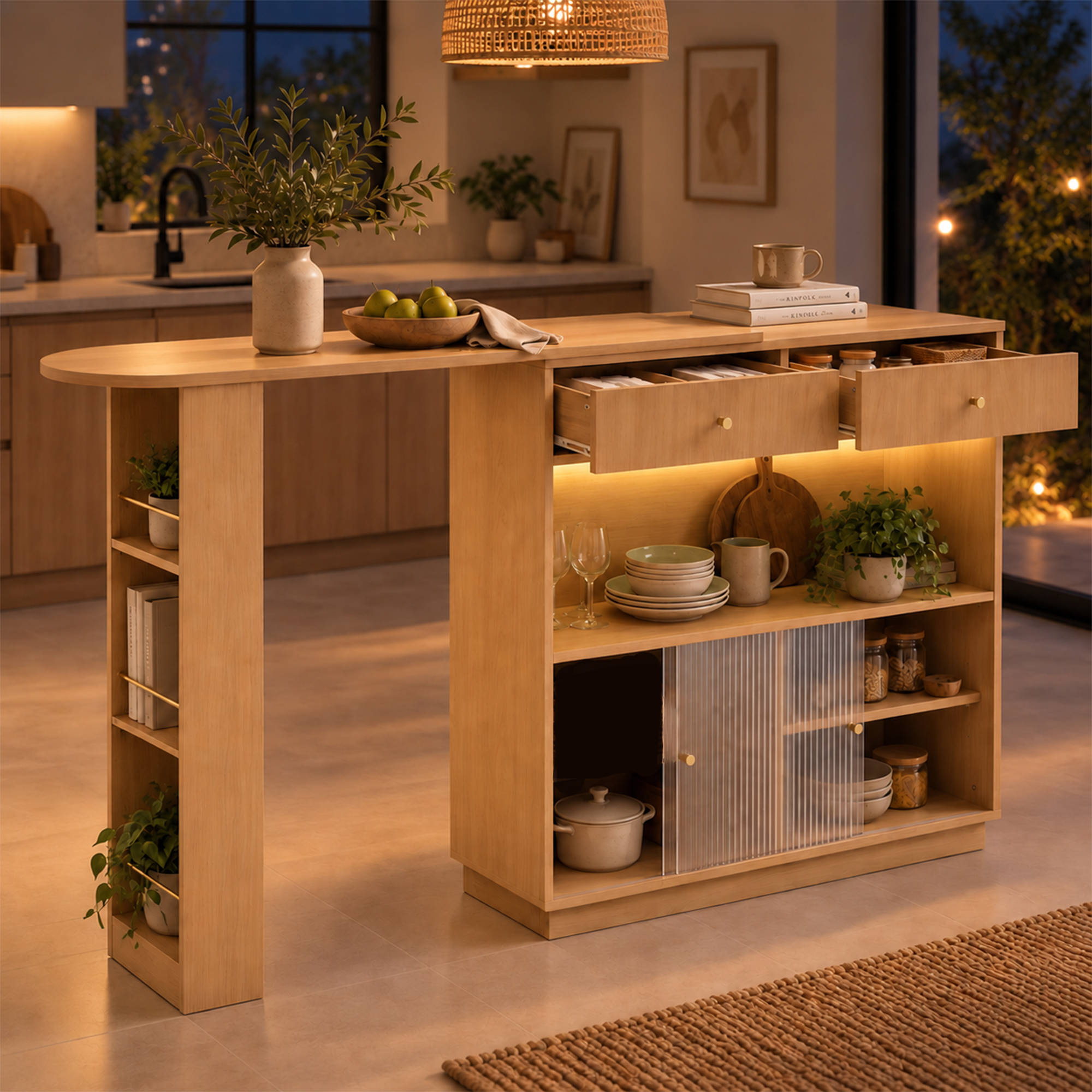 Îlot de cuisine, rotation à 360°, éclairage LED, 120 x 30 x 100 cm, panneaux de particules, chêne - vue 4