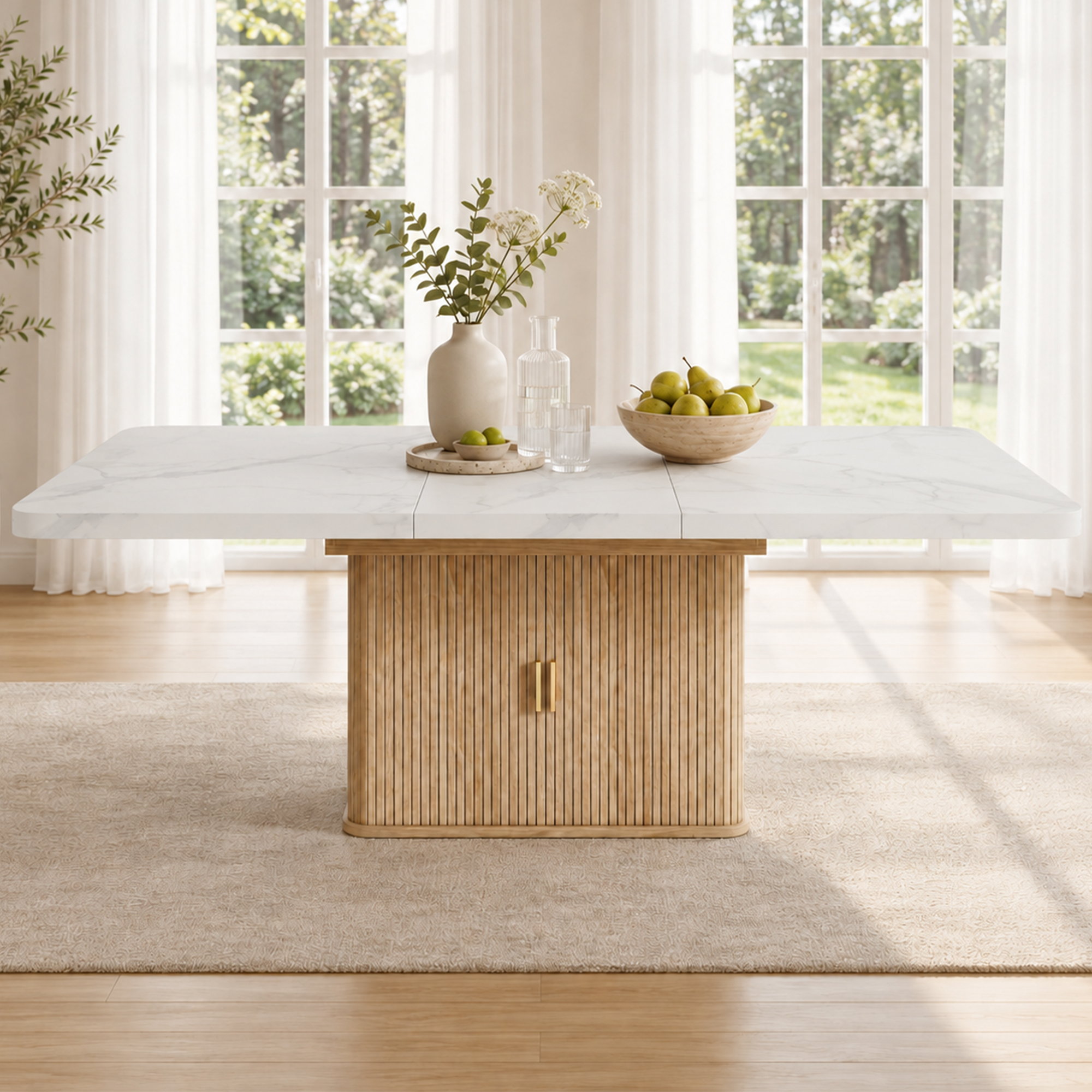 Table à plateau blanc et support à décor chêne