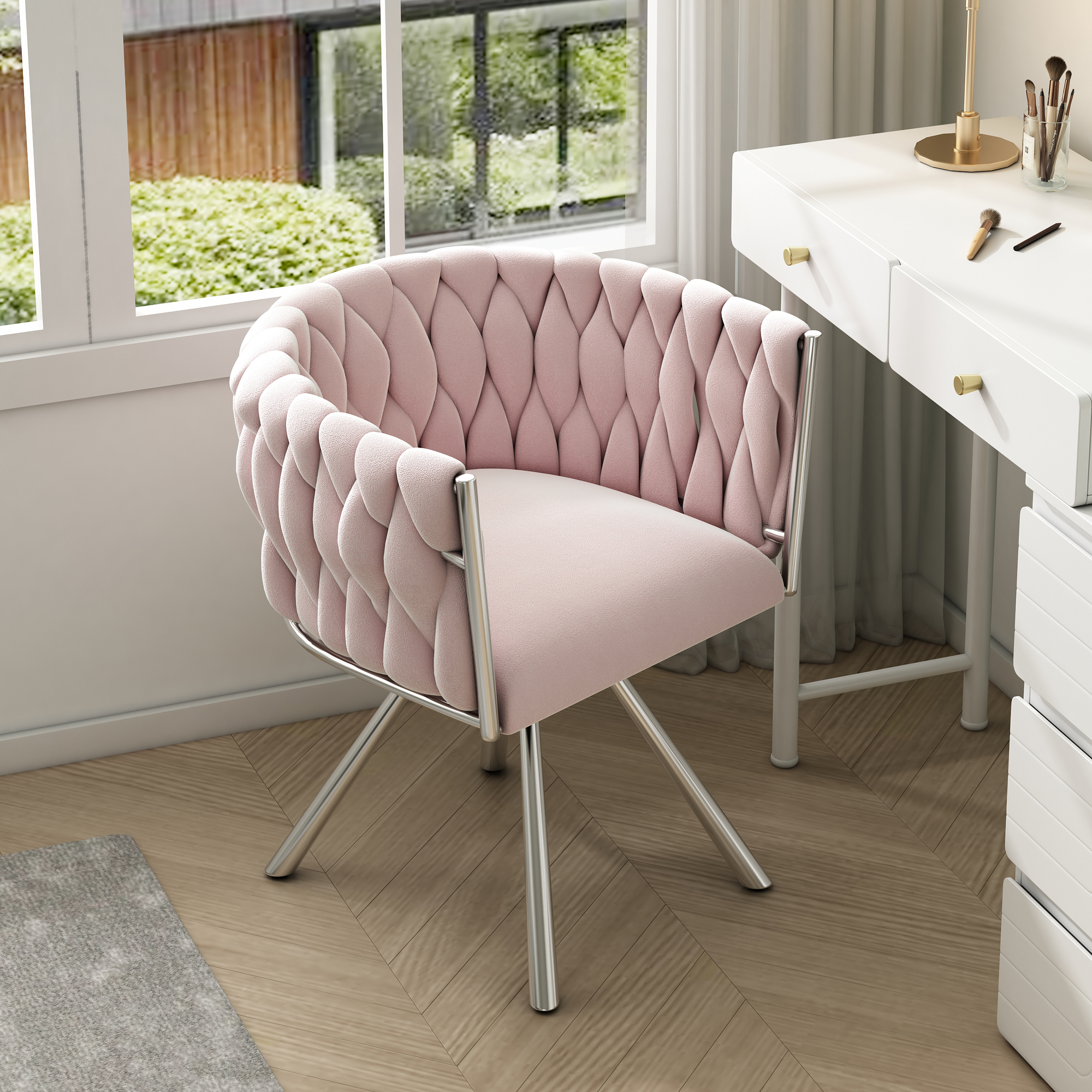 Chaise de salle à manger, 1 pièce, métal et velours, rose - vue 4