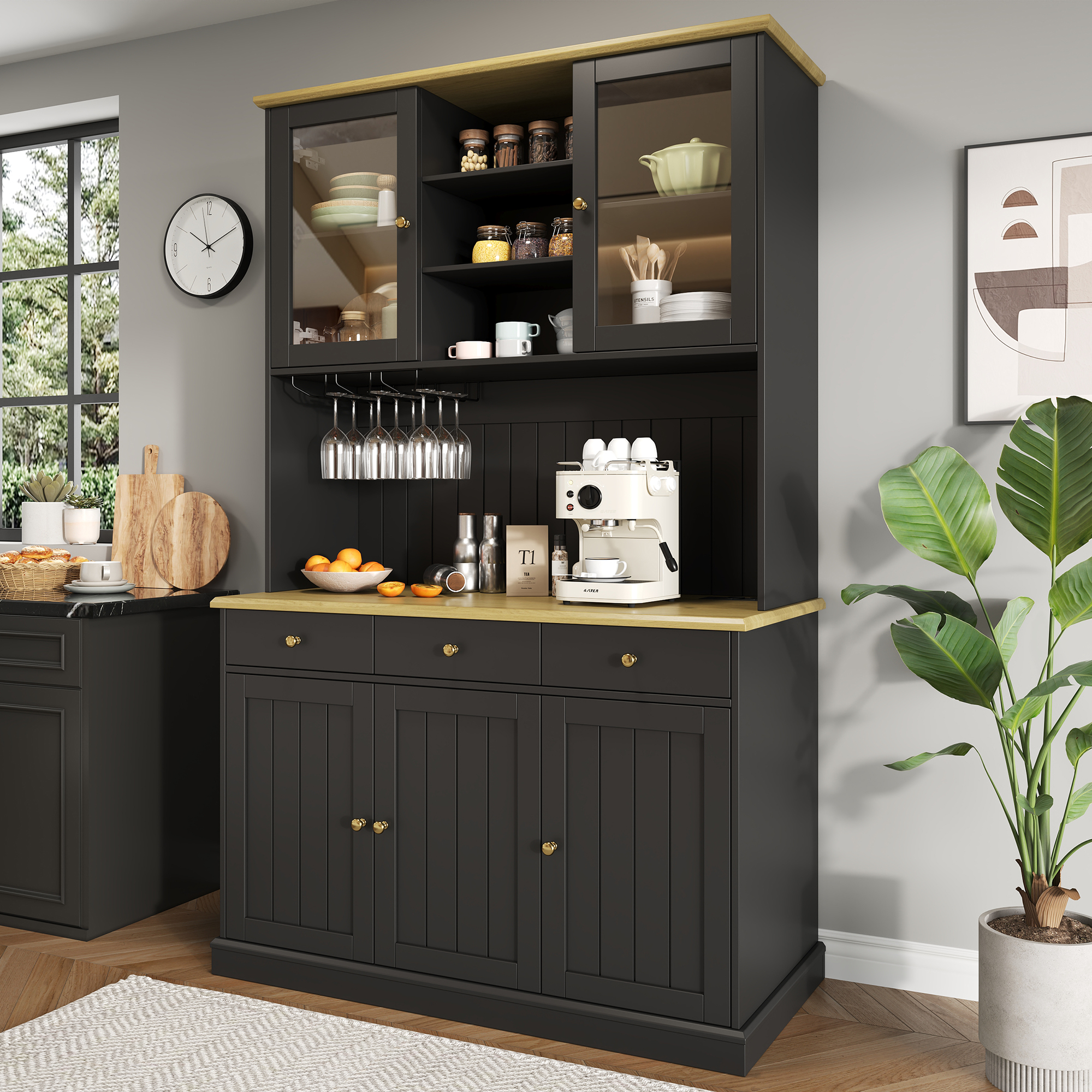 Détail du buffet avec rangements et connectiques intégrées