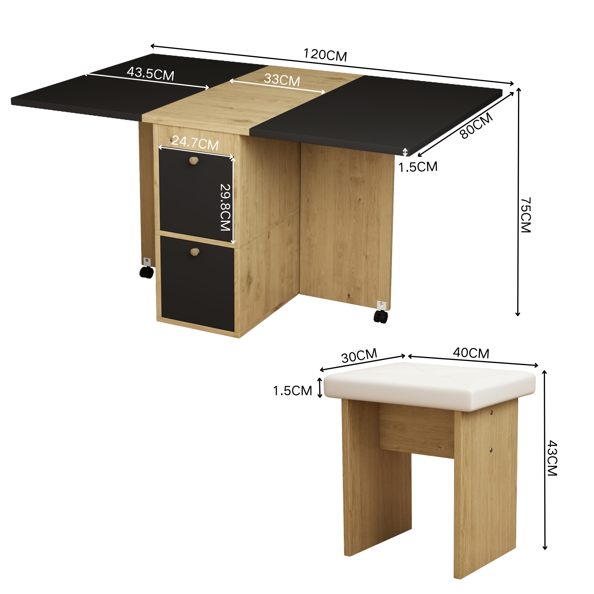 Ensemble table et chaises, 5 pièces, 1 table + 4 chaises, extensible, pliable, 120 x 80 x 75 cm, panneaux de particules, noir - vue 7