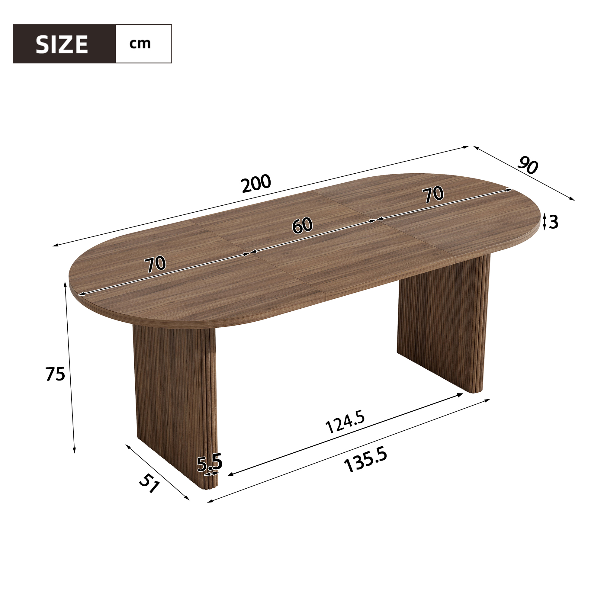 Détail dimensions table extensible