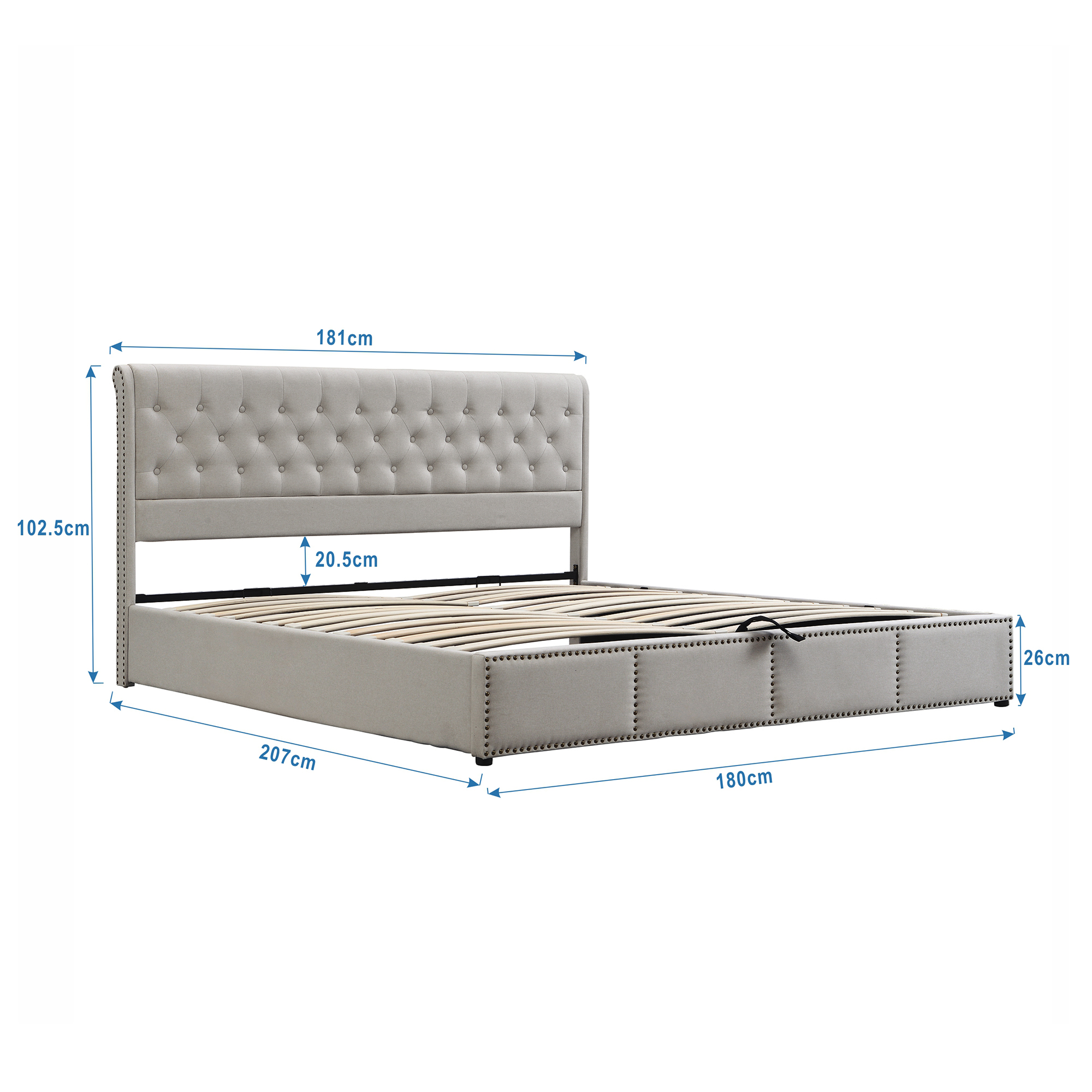 Lit coffre rembourré – Rangement sous le lit par relevage hydraulique
