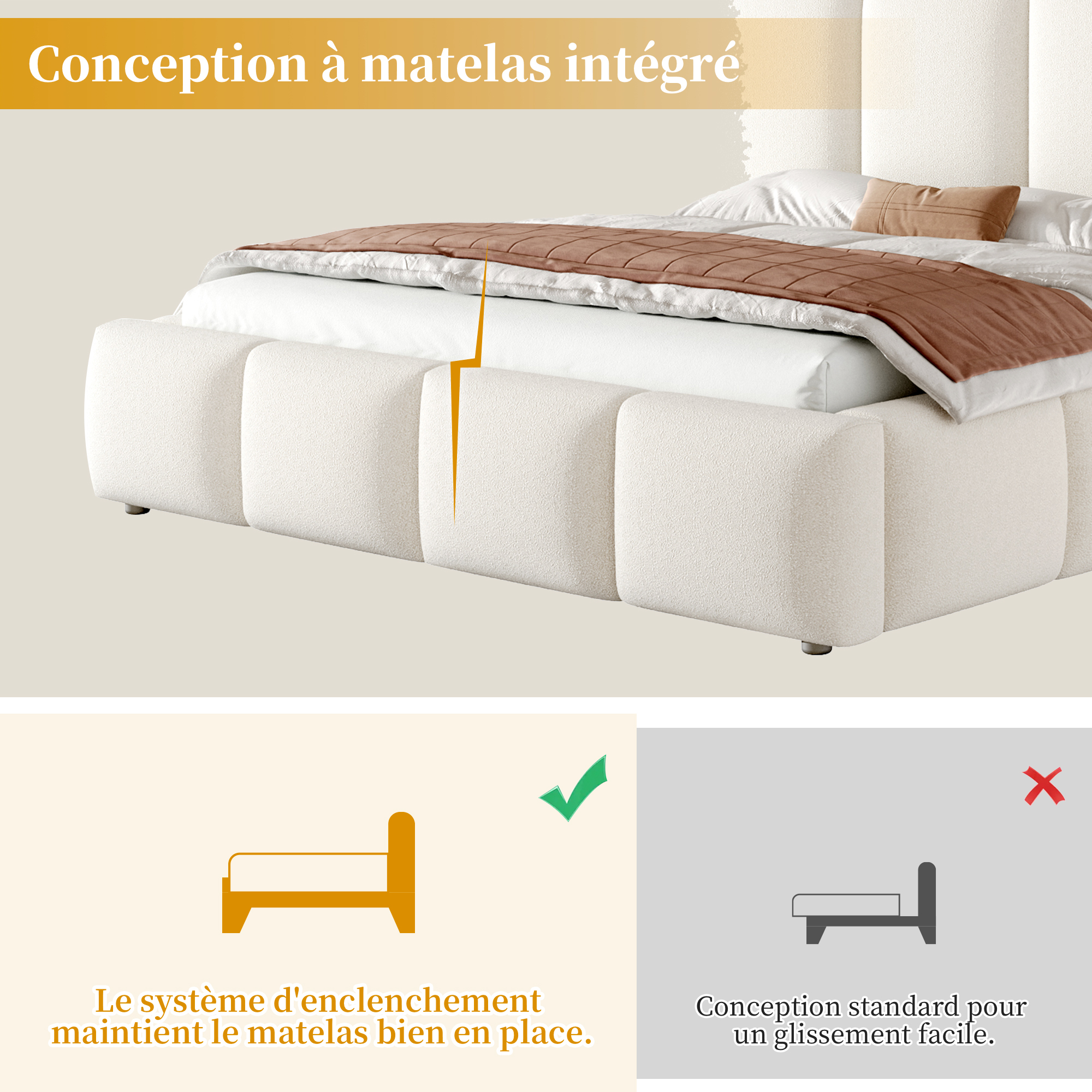 Détails de lit coffre 180x200 cm blanc en bouclé avec rangement hydraulique LED et tête de lit rembourrée